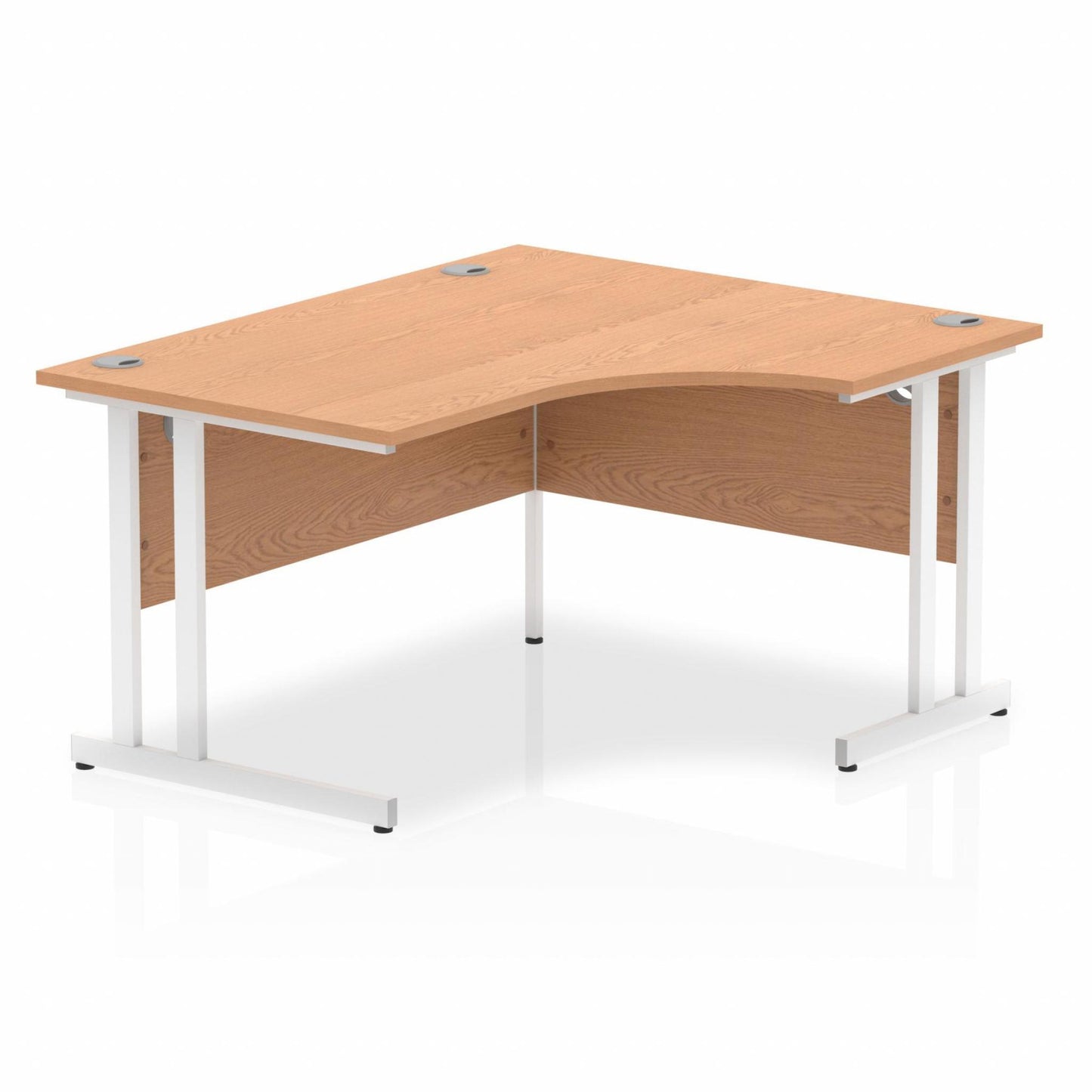 Oak L-shaped desk with drawers on a white background