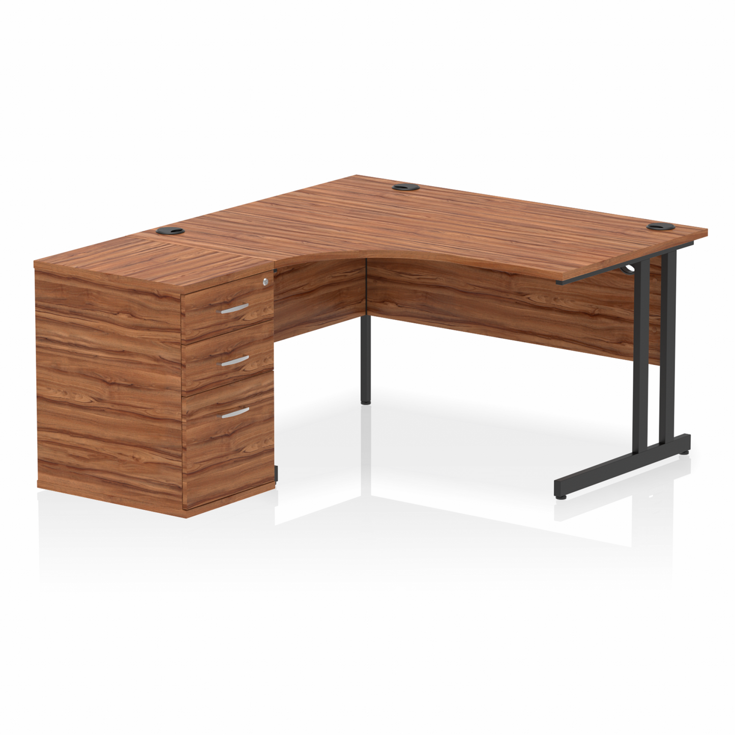 Impulse 1400mm Left Hand Curved Desk, Walnut Top with Black Cantilver Legs inc 3 Drawer Desk High Pedestal