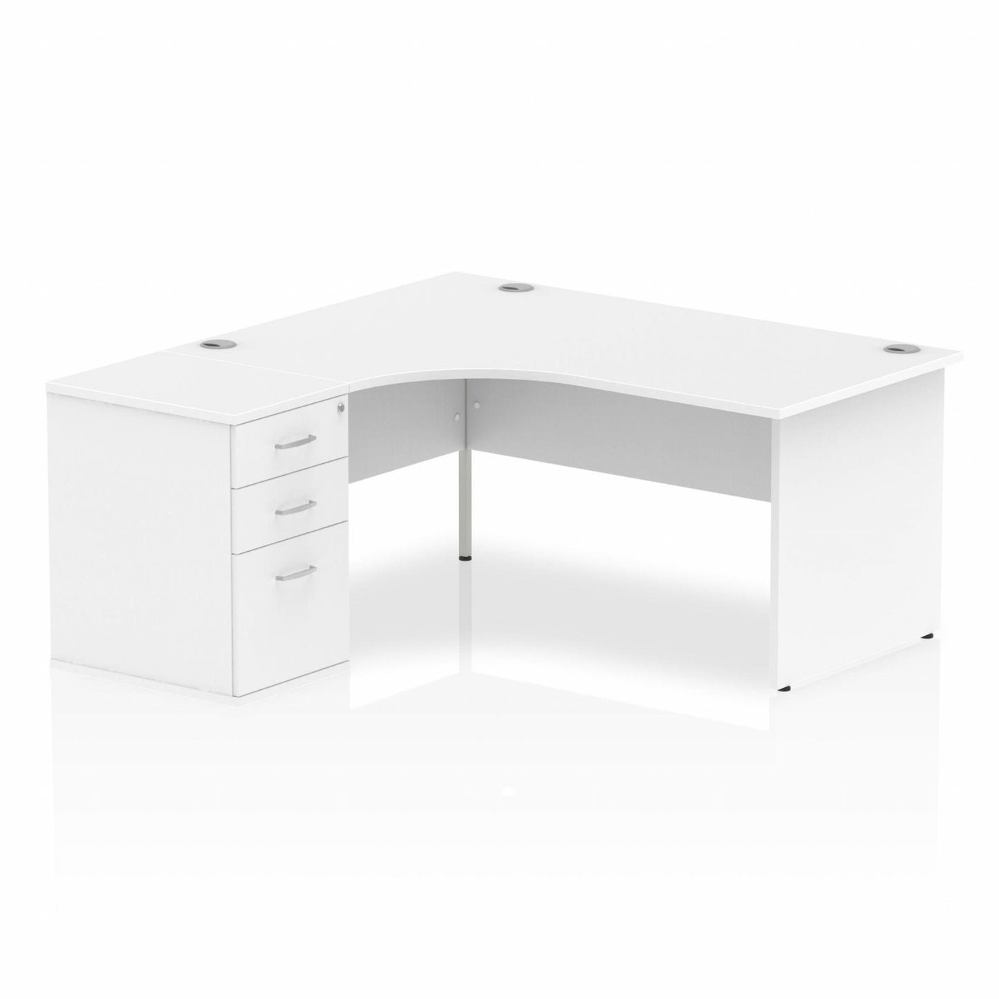 Impulse 1600mm Left Hand Curved Desk, White Top with Wooden Panel Legs inc 3 Drawer Desk High Pedestal