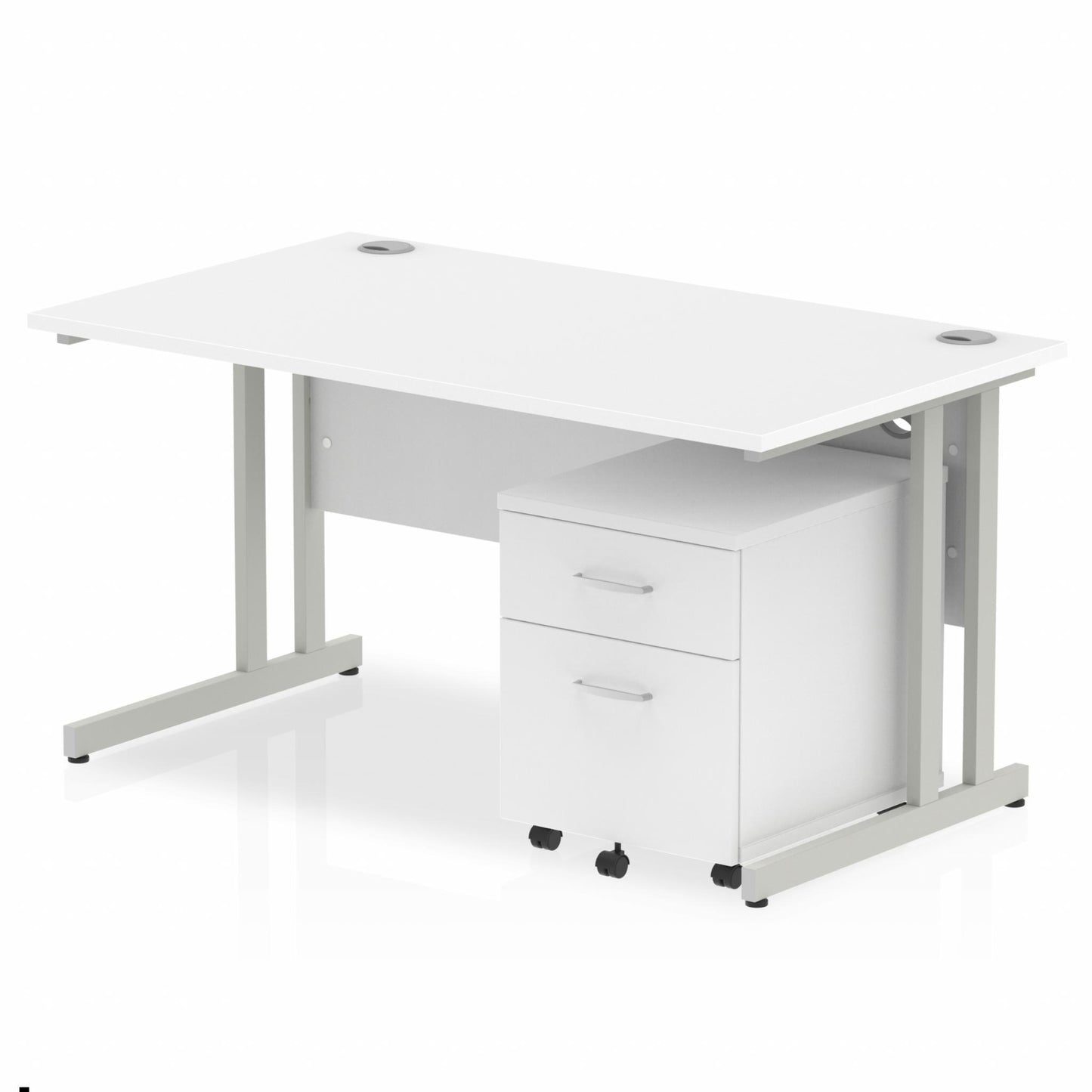 White straight desk with drawers on a white background