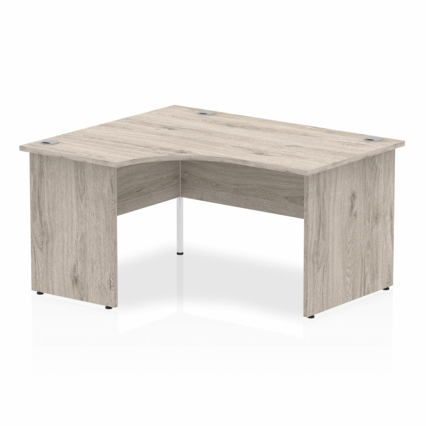Grey oak L-shaped desk with drawers on a white background