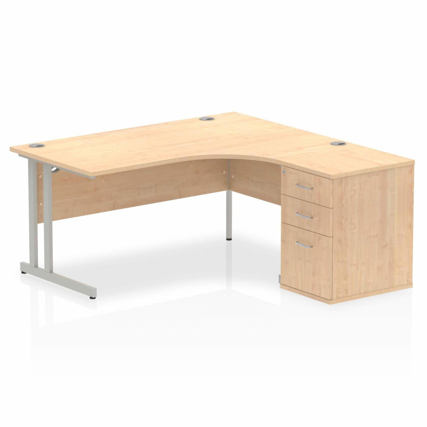 Impulse 1600mm Right Hand Curved Desk, Maple Top with Silver Cantilver Legs inc 3 Drawer Desk, High Pedestal