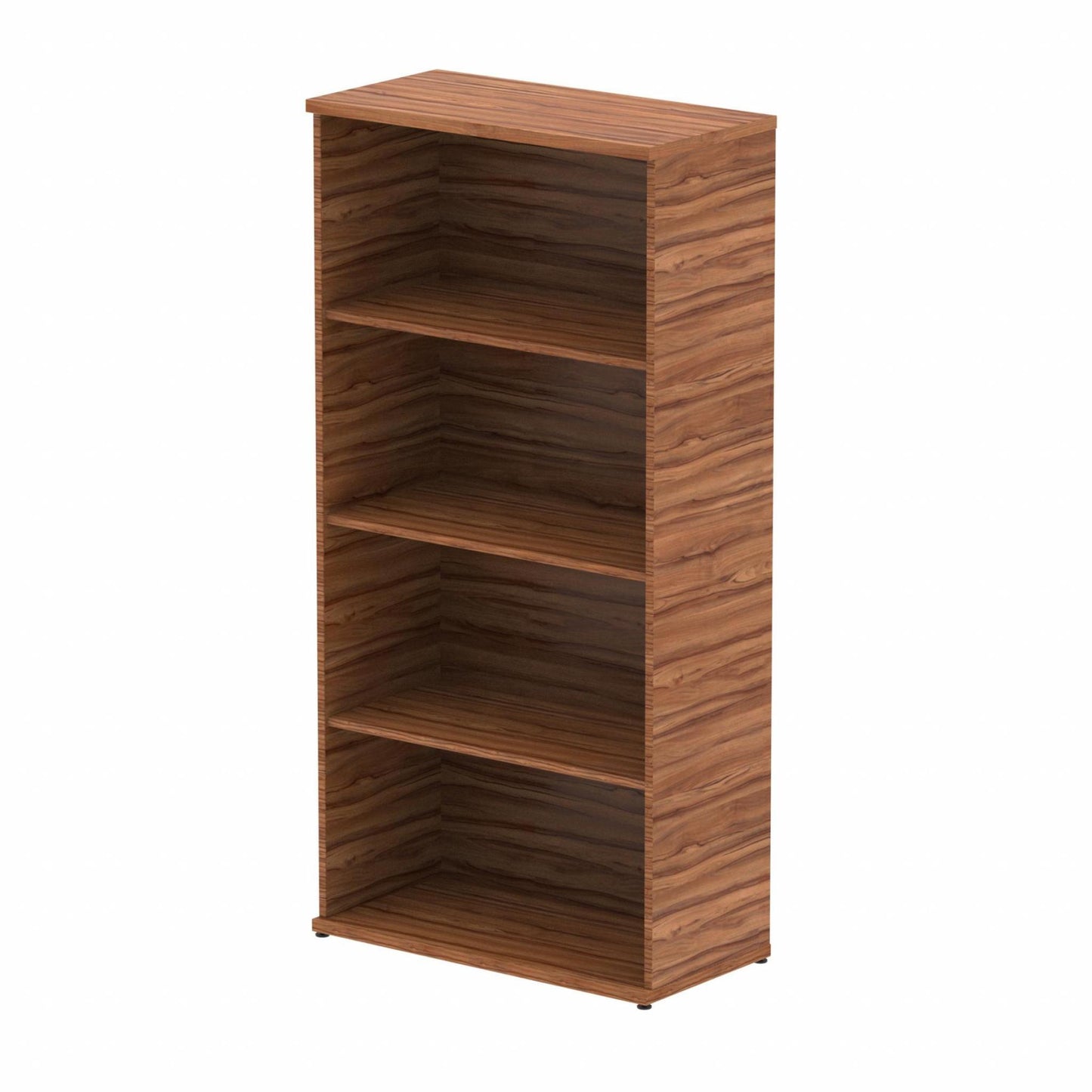 Wooden bookcase with three shelves on a white background