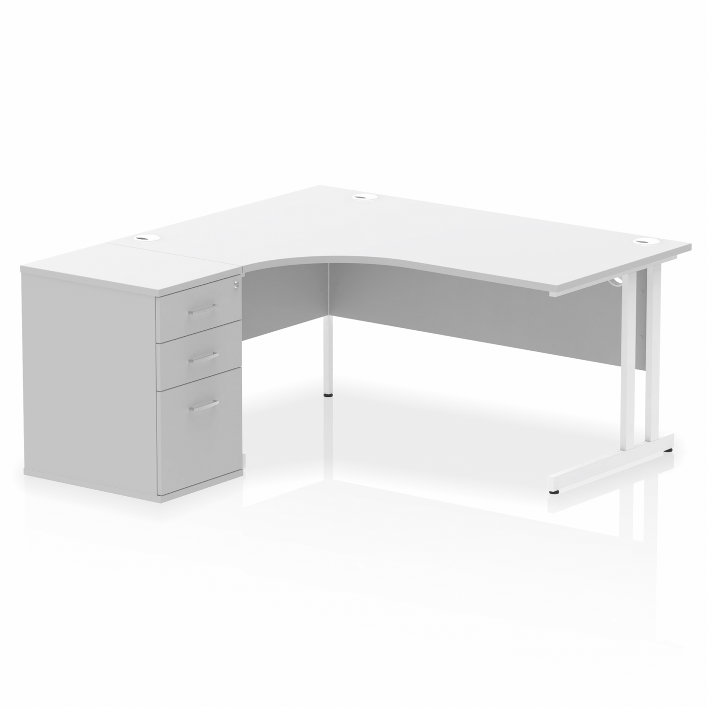 Impulse 1600mm Left Hand Curved Desk, White Top with White Cantilver Legs inc 3 Drawer Desk High Pedestal
