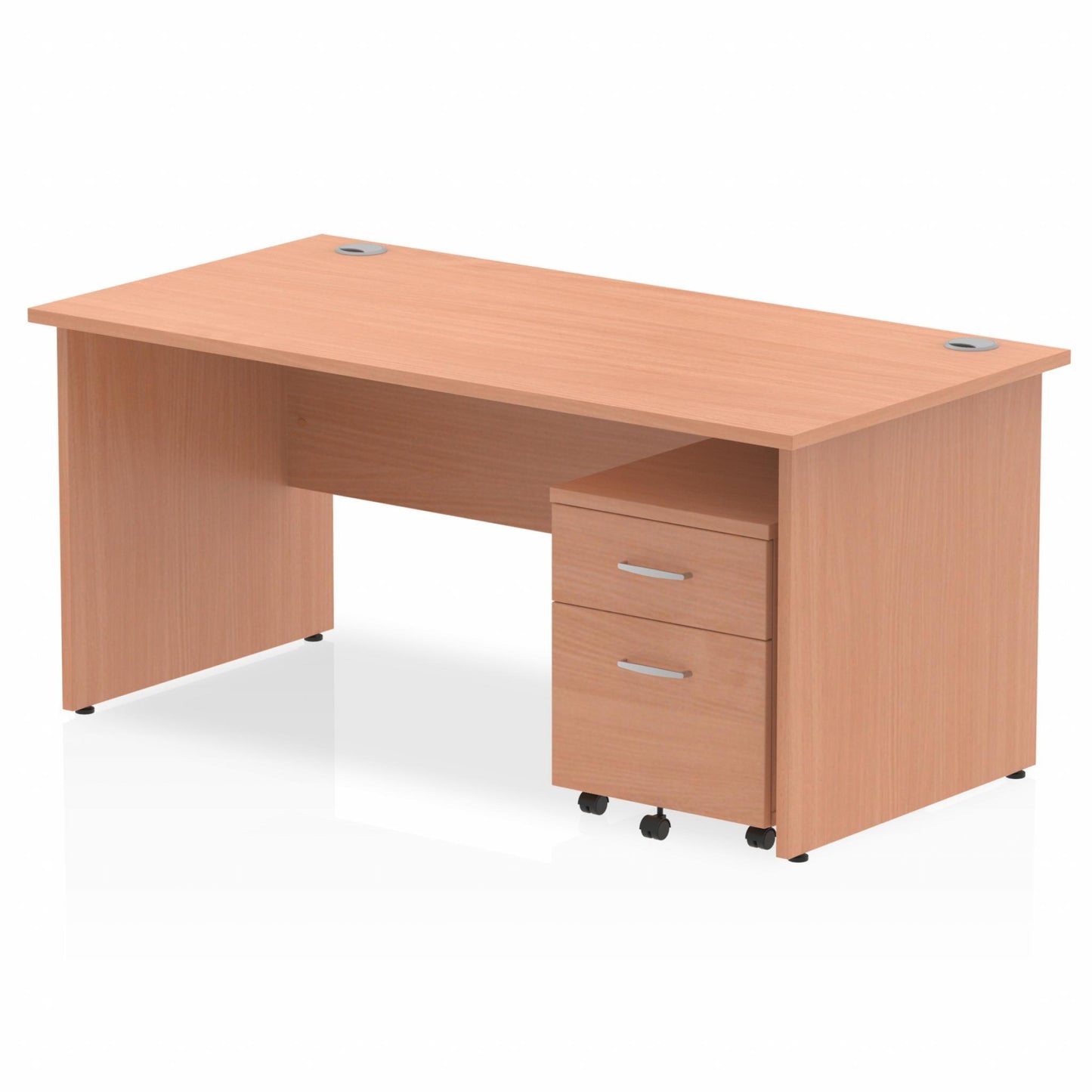 Beech straight desk with drawers on a white background