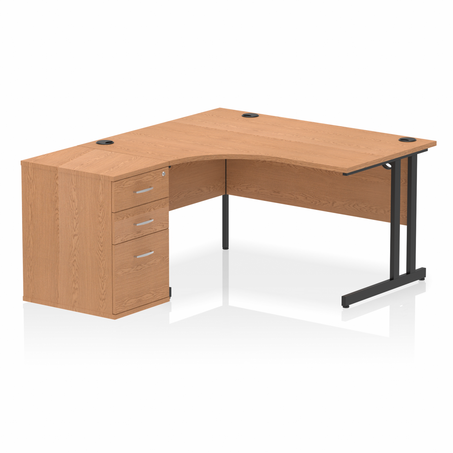 Impulse 1400mm Left Hand Curved Desk, Oak Top with Black Cantilver Legs inc 3 Drawer Desk High Pedestal
