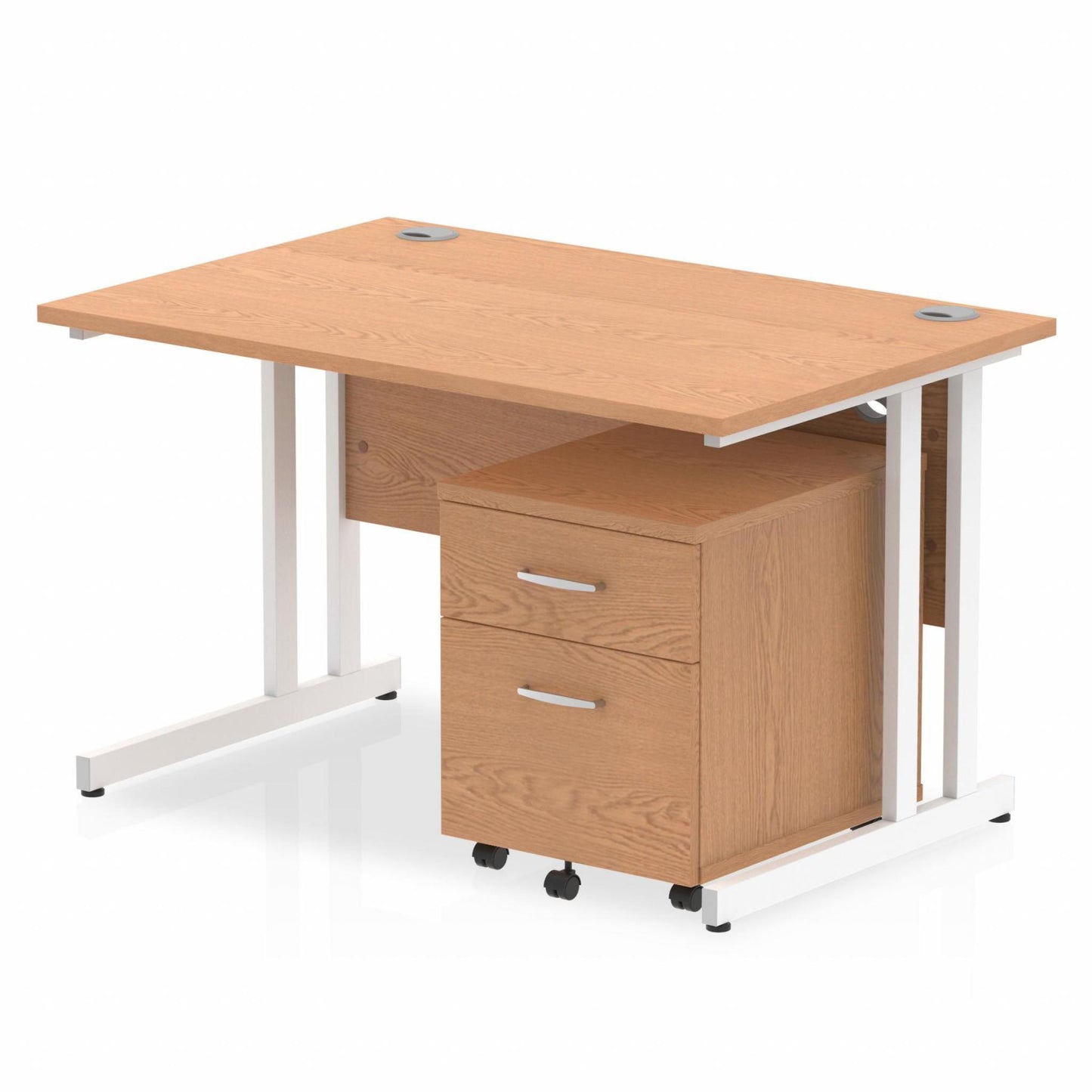 Oak straight desk with drawers on a white background