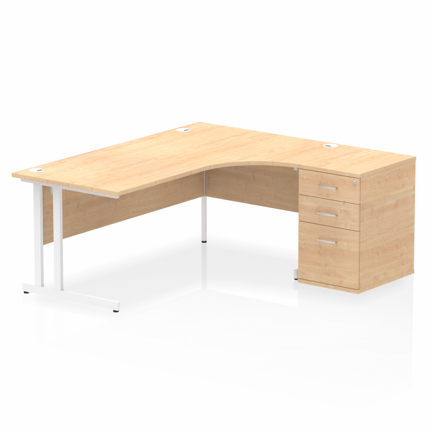Impulse 1800mm Right Hand Curved Desk, Maple Top with White Cantilver Legs inc 3 Drawer Desk, High Pedestal