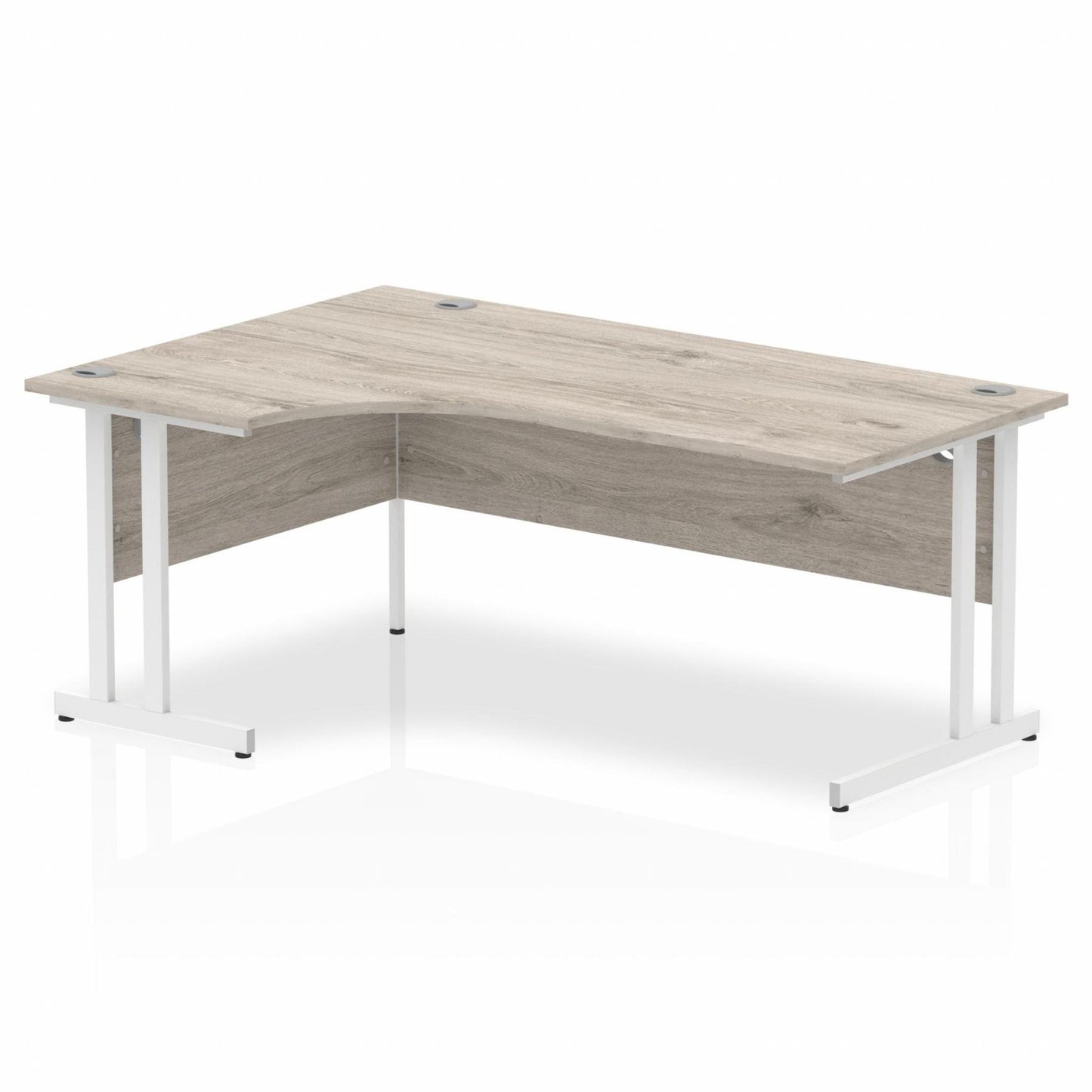 Grey oak L-shaped desk with drawers on a white background