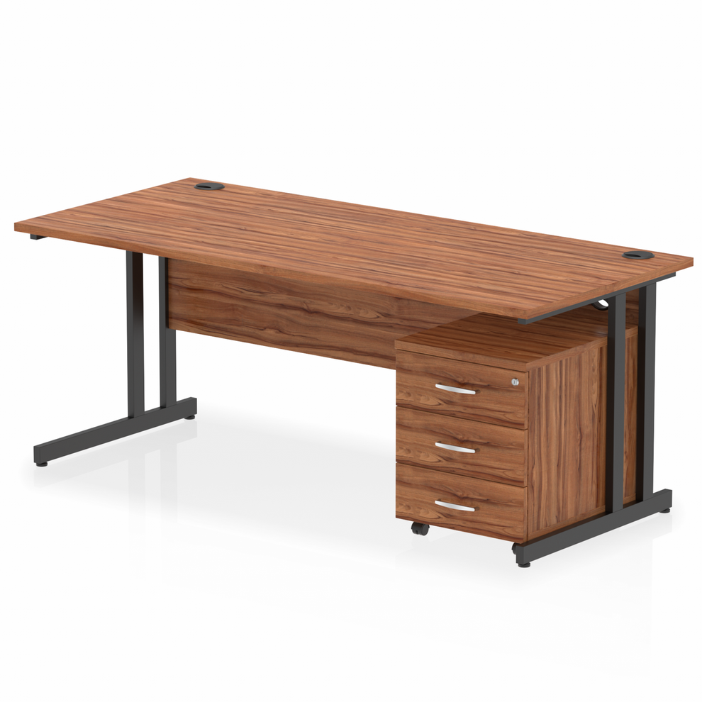 Impulse 1800x800mm Straight Desk, Walnut Top with Black Cantilever Legs inc 3 Drawer Mobile Pedestal