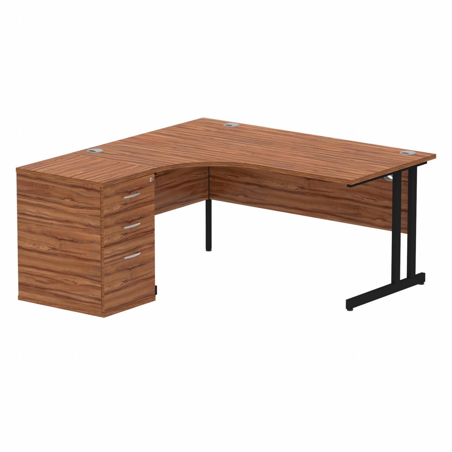 Impulse 1600mm Left Hand Curved Desk, Walnut Top with Black Cantilver Legs inc 3 Drawer Desk High Pedestal