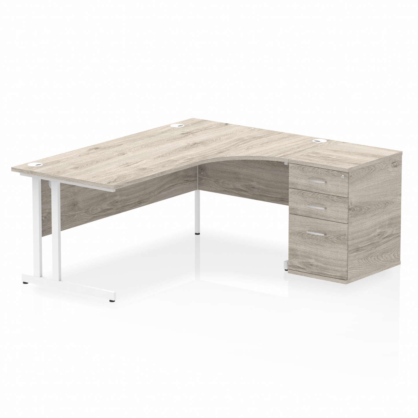 Impulse 1800mm Right Hand Curved Desk, Grey Oak Top with White Cantilver Legs inc 3 Drawer Desk High Pedestal