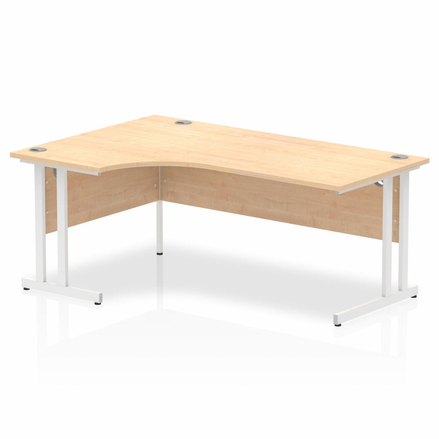Maple L-shaped desk with drawers on a white background