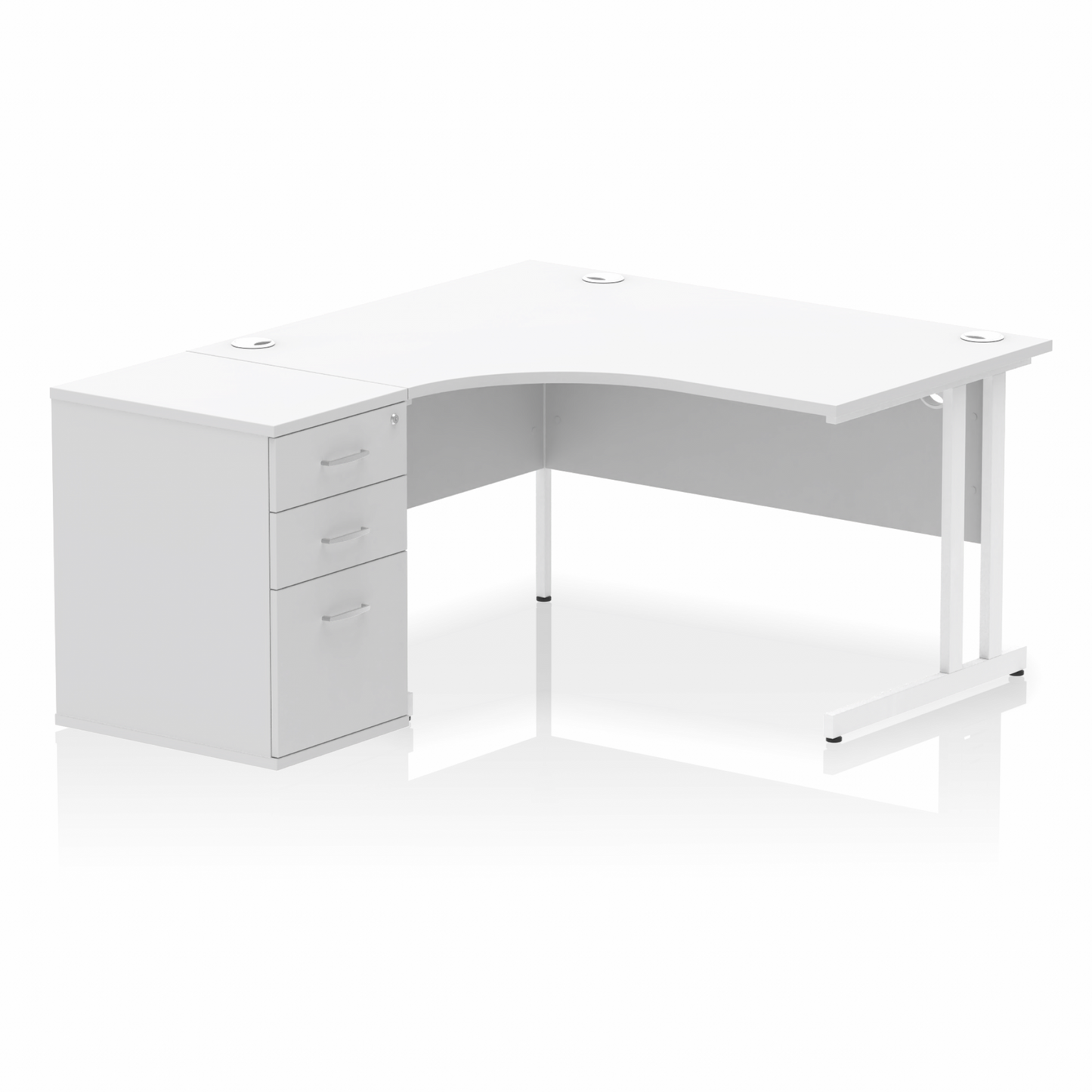 Impulse 1400mm Left Hand Curved Desk, White Top with White Cantilver Legs inc 3 Drawer Desk High Pedestal