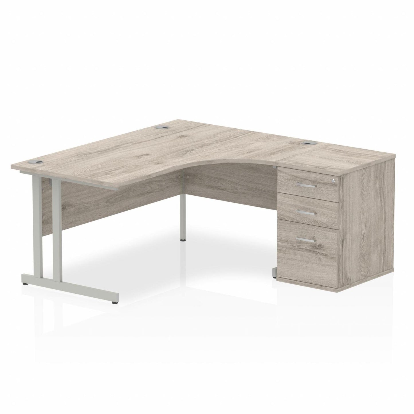 Impulse 1600mm Right Hand Curved Desk, Grey Oak Top with Silver Cantilver Legs inc 3 Drawer Desk High Pedestal