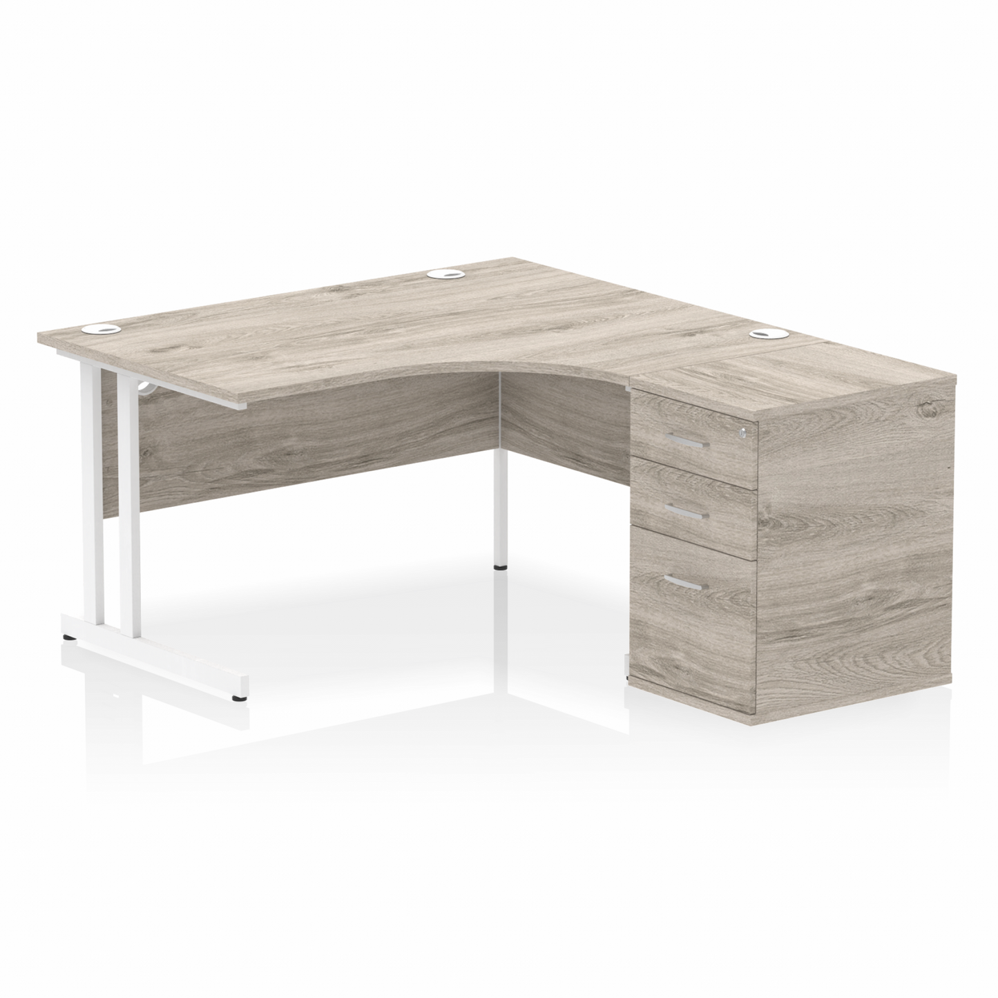 Impulse 1400mm Right Hand Curved Desk, Grey Oak Top with White Cantilver Legs inc 3 Drawer Desk High Pedestal