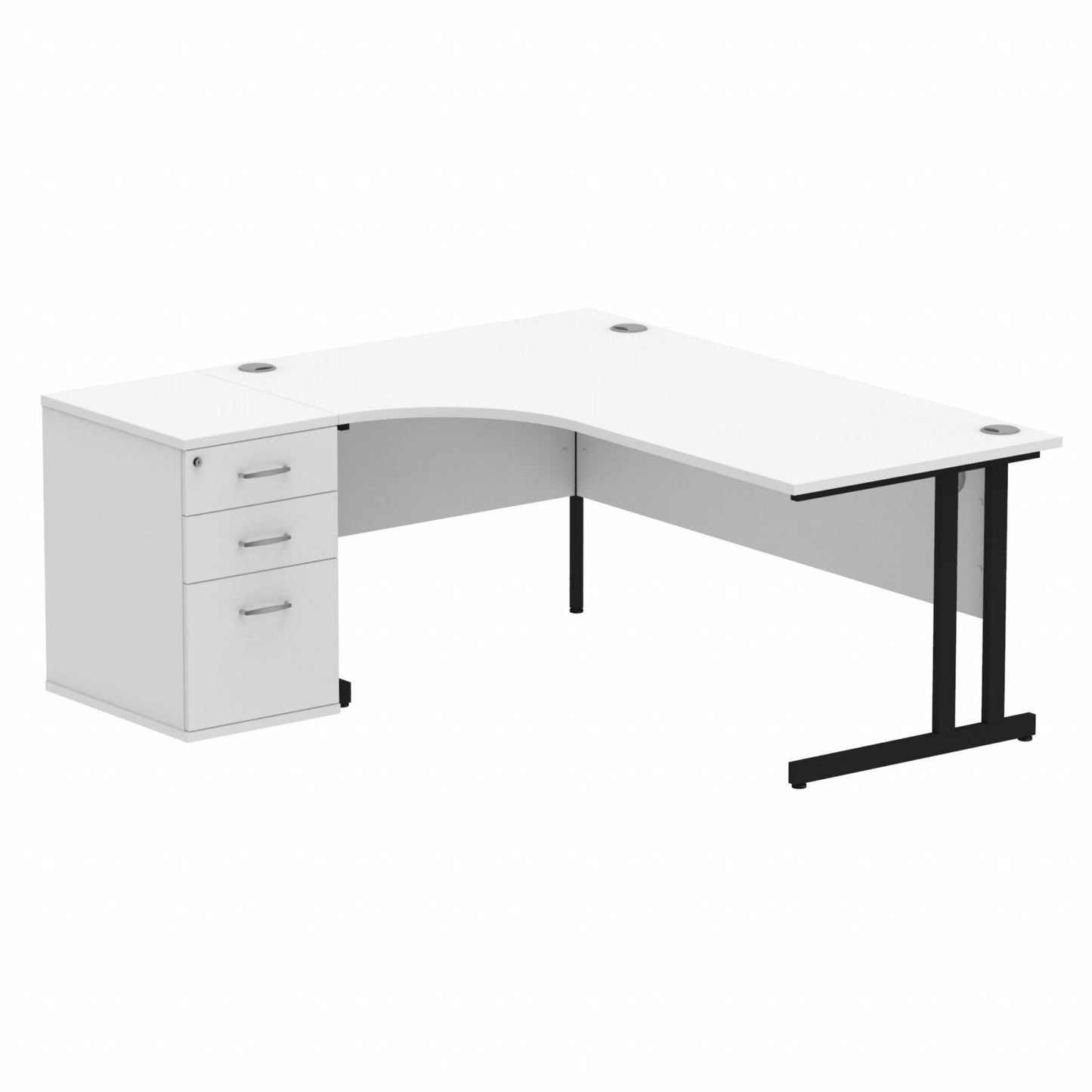 Impulse 1800mm Left Hand Curved Desk, White Top with Black Cantilver Legs inc 3 Drawer Desk High Pedestal