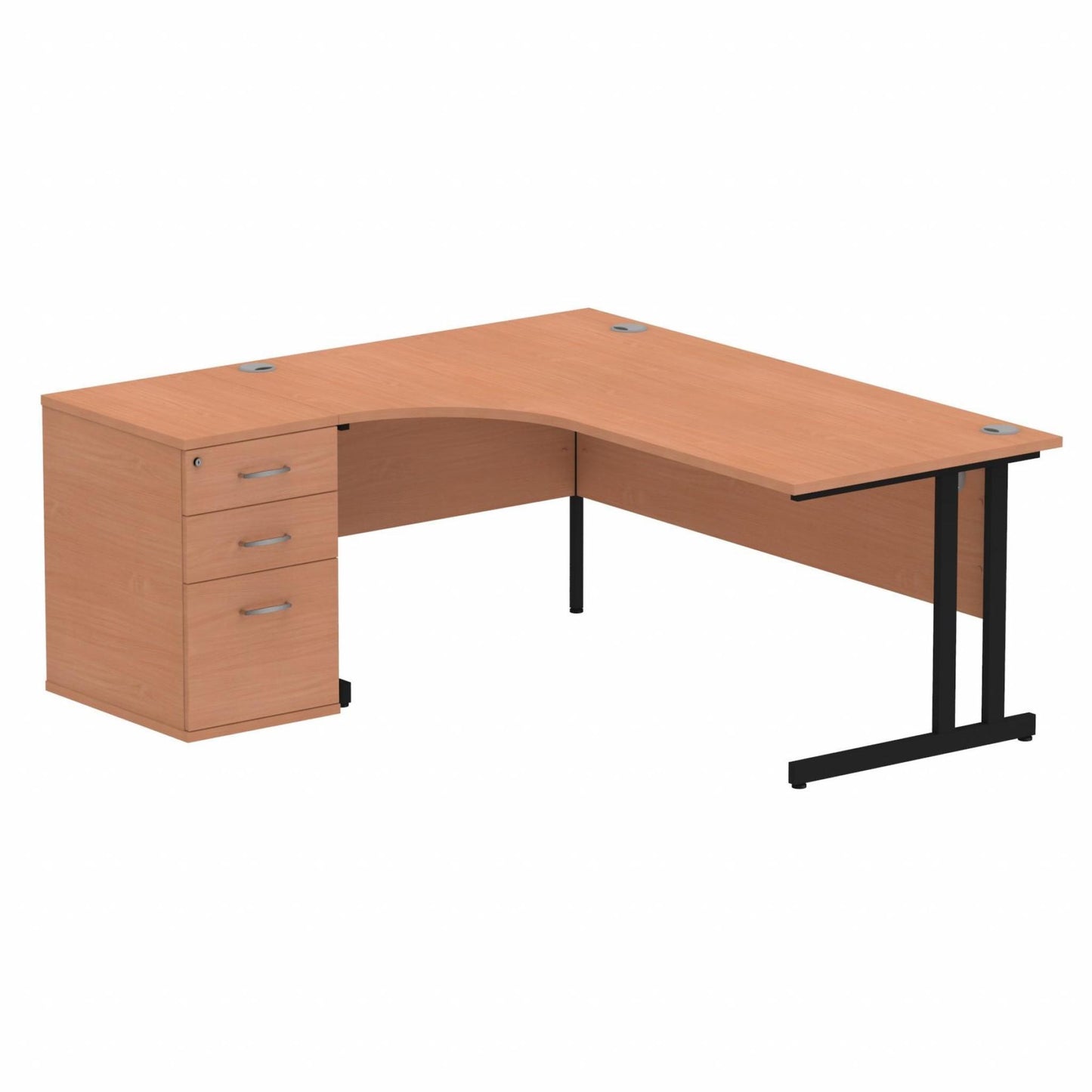 Impulse 1800mm Left Hand Curved Desk, Beech Top with Black Cantilver Legs inc 3 Drawer Desk High Pedestal