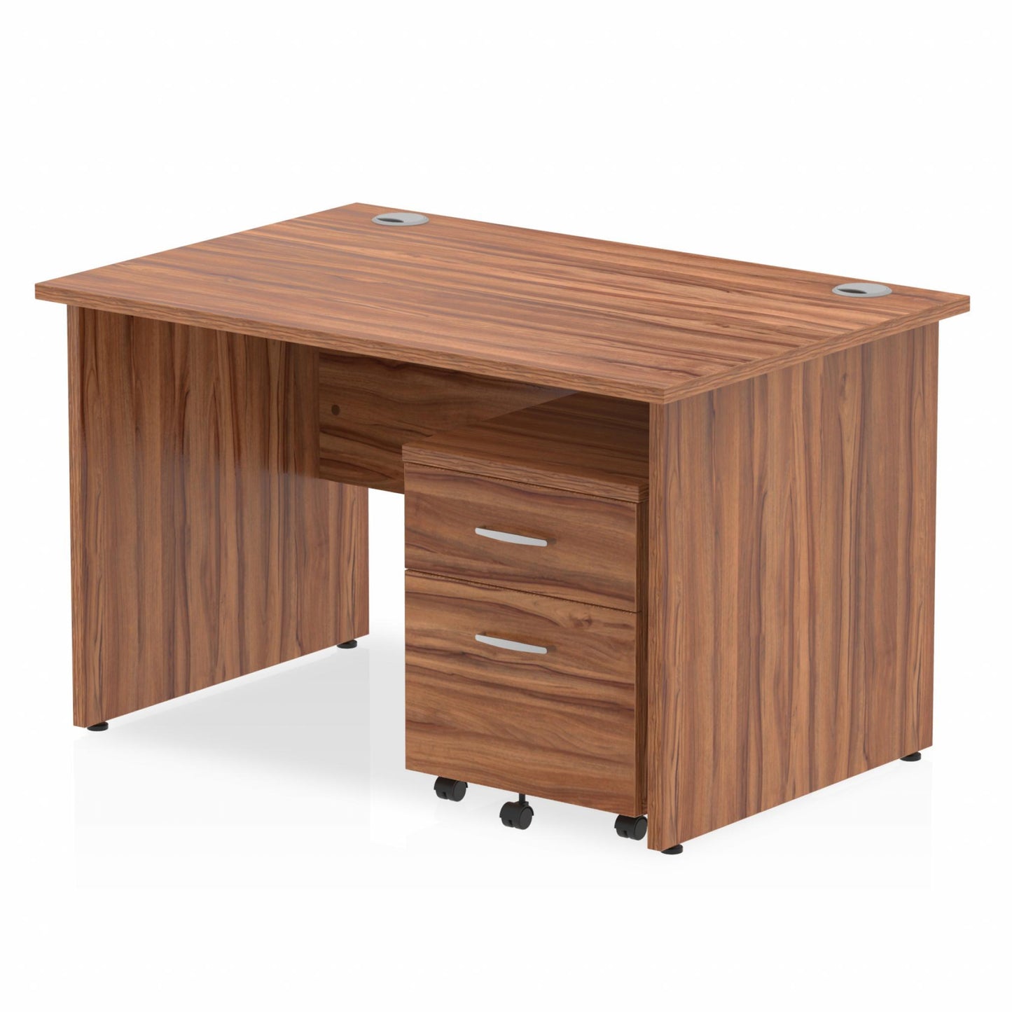 Walnut straight desk with drawers on a white background