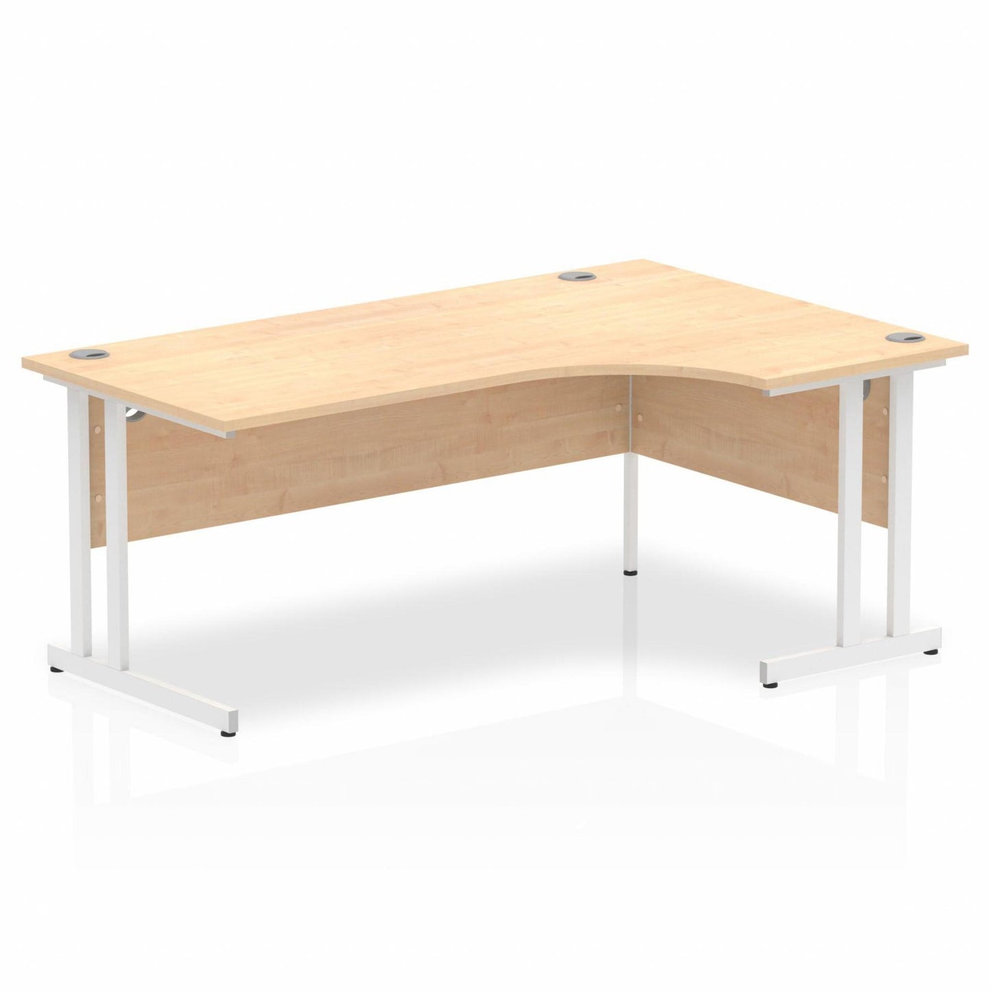 Maple L-shaped desk with drawers on a white background