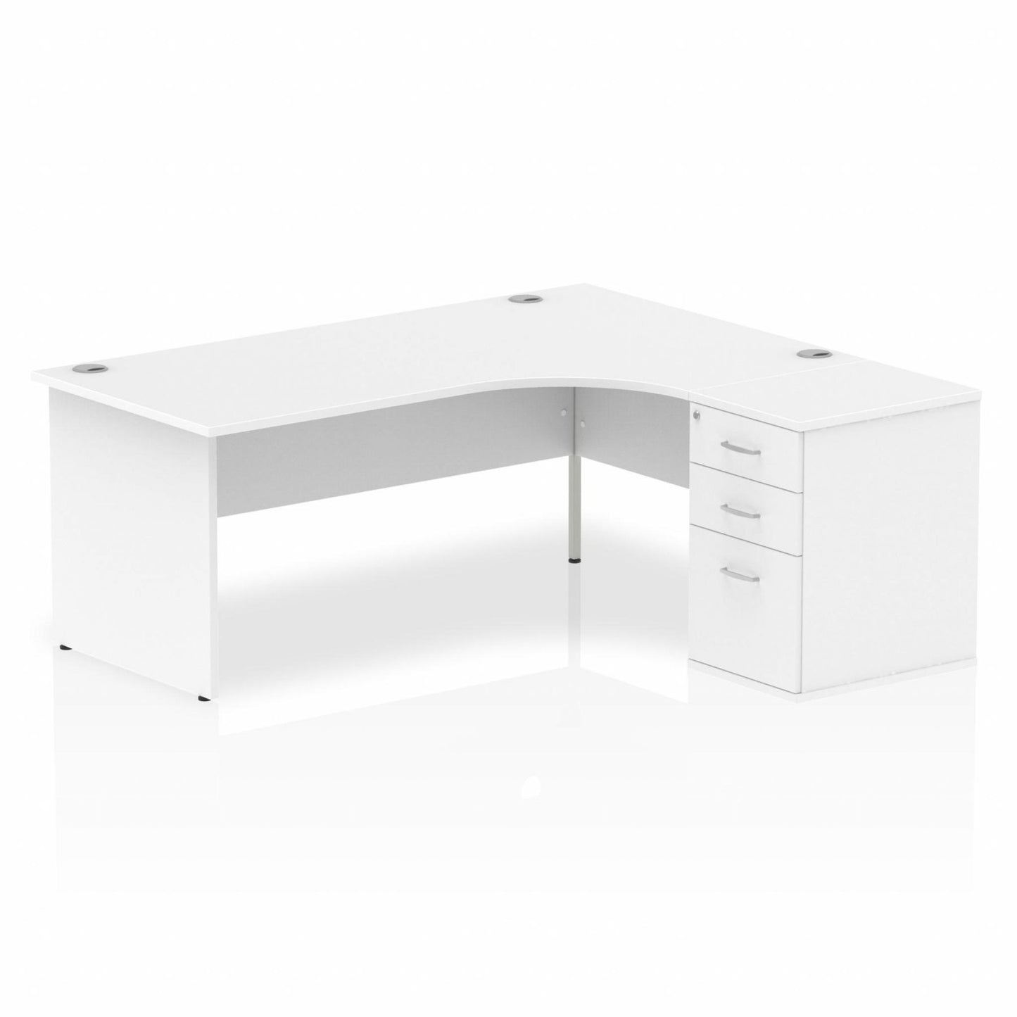 Impulse 1800mm Right Hand Curved Desk, White Top with Wooden Panel Legs inc 3 Drawer Desk High Pedestal