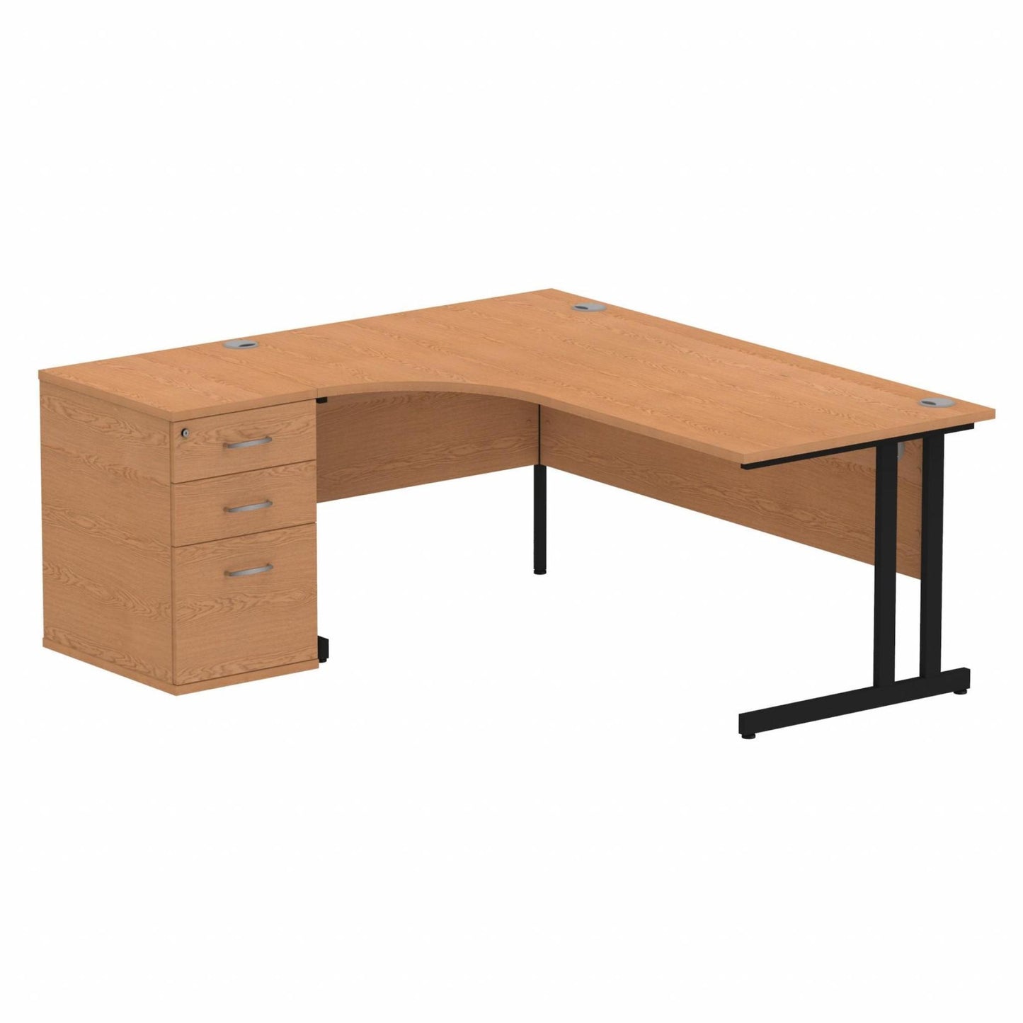 Impulse 1800mm Left Hand Curved Desk, Oak Top with Black Cantilver Legs inc 3 Drawer Desk High Pedestal