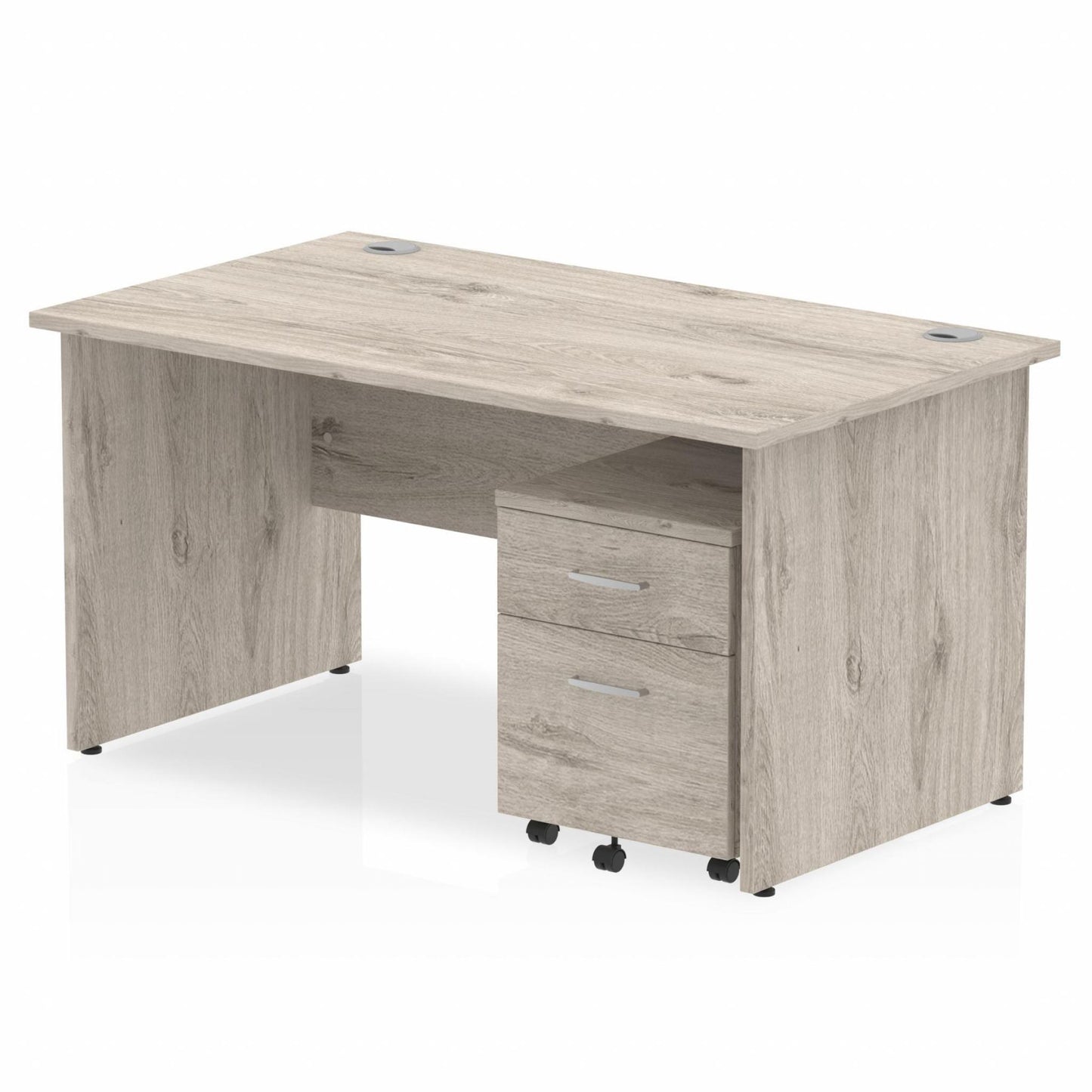 Impulse 1400x800mm Straight Desk, Grey Oak Top with Wooden Panel Legs inc 2 Drawer Mobile Pedestal