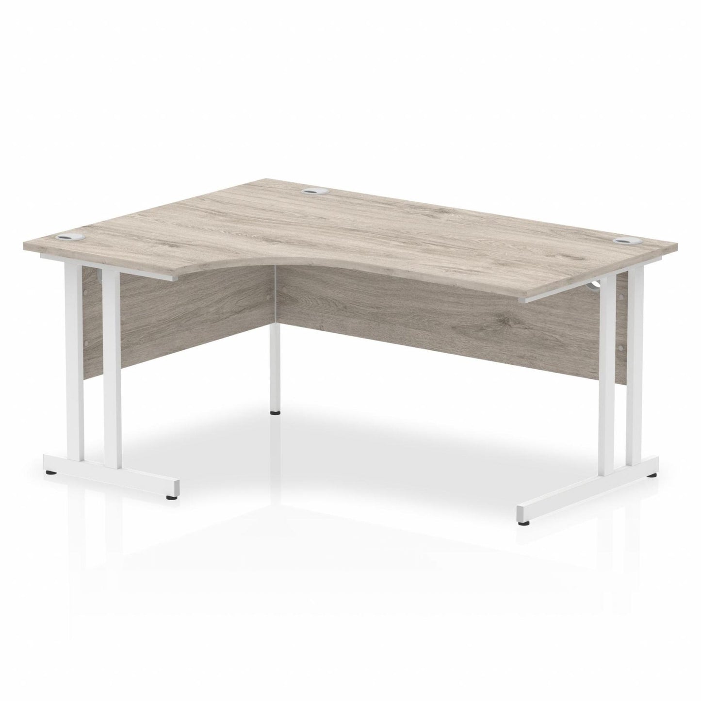Grey oak L-shaped desk with drawers on a white background
