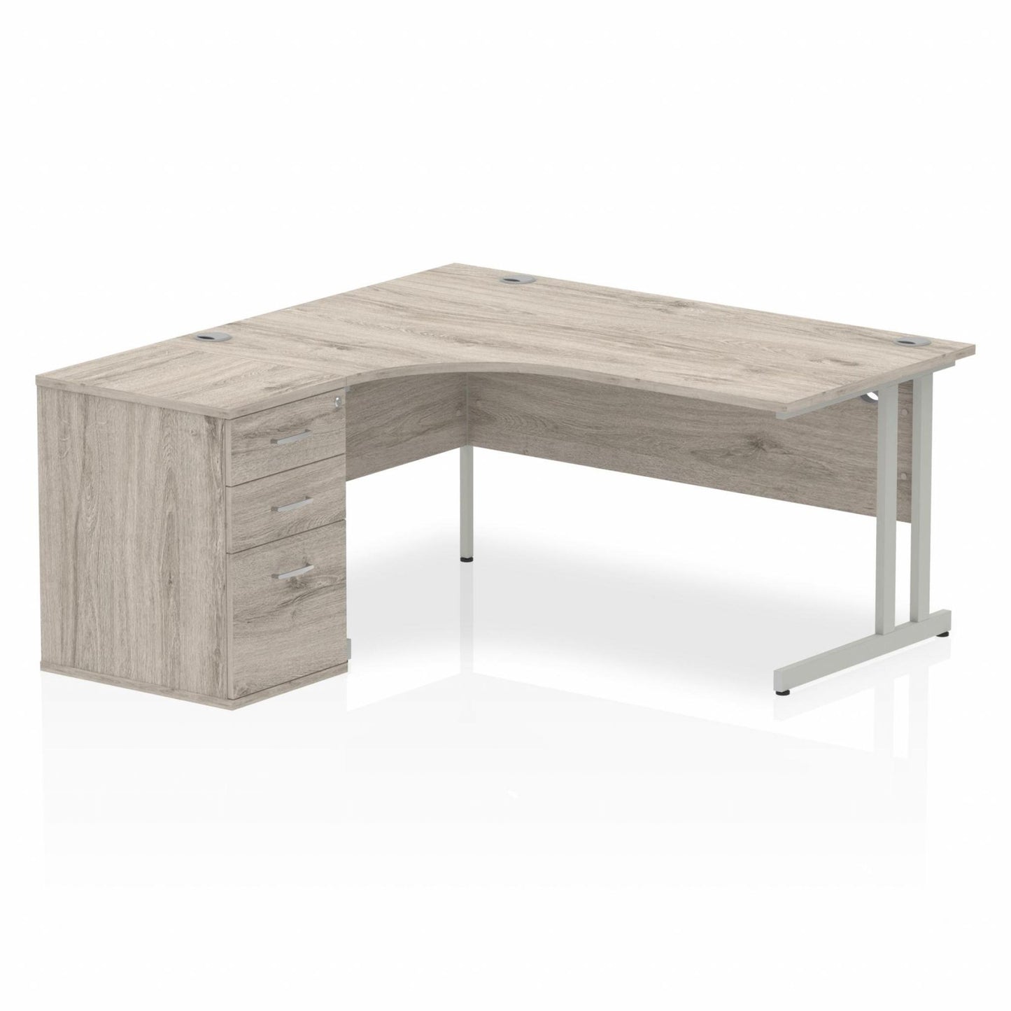 Impulse 1600mm Left Hand Curved Desk, Grey Oak Top with Silver Cantilver Legs inc 3 Drawer Desk High Pedestal