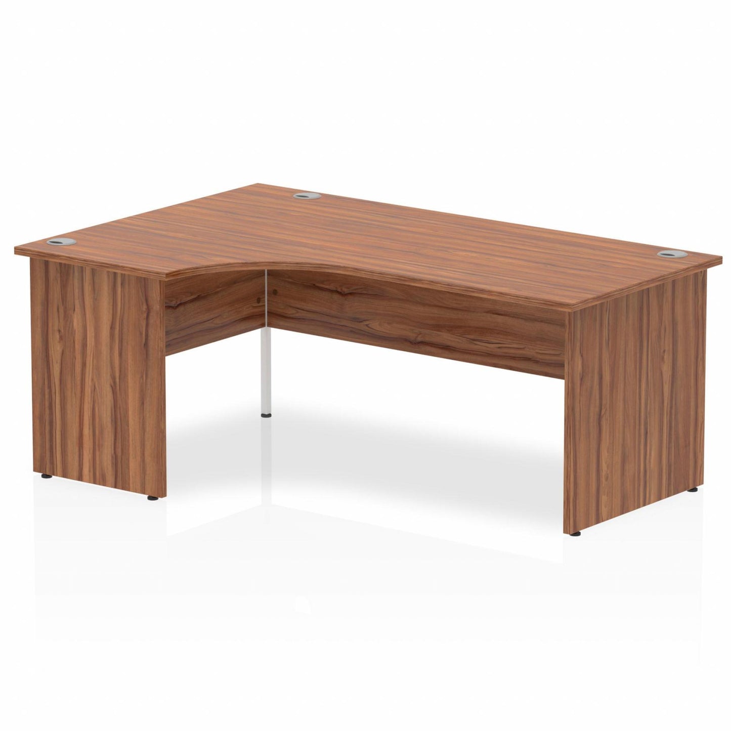 Walnut L-shaped desk with drawers on a white background