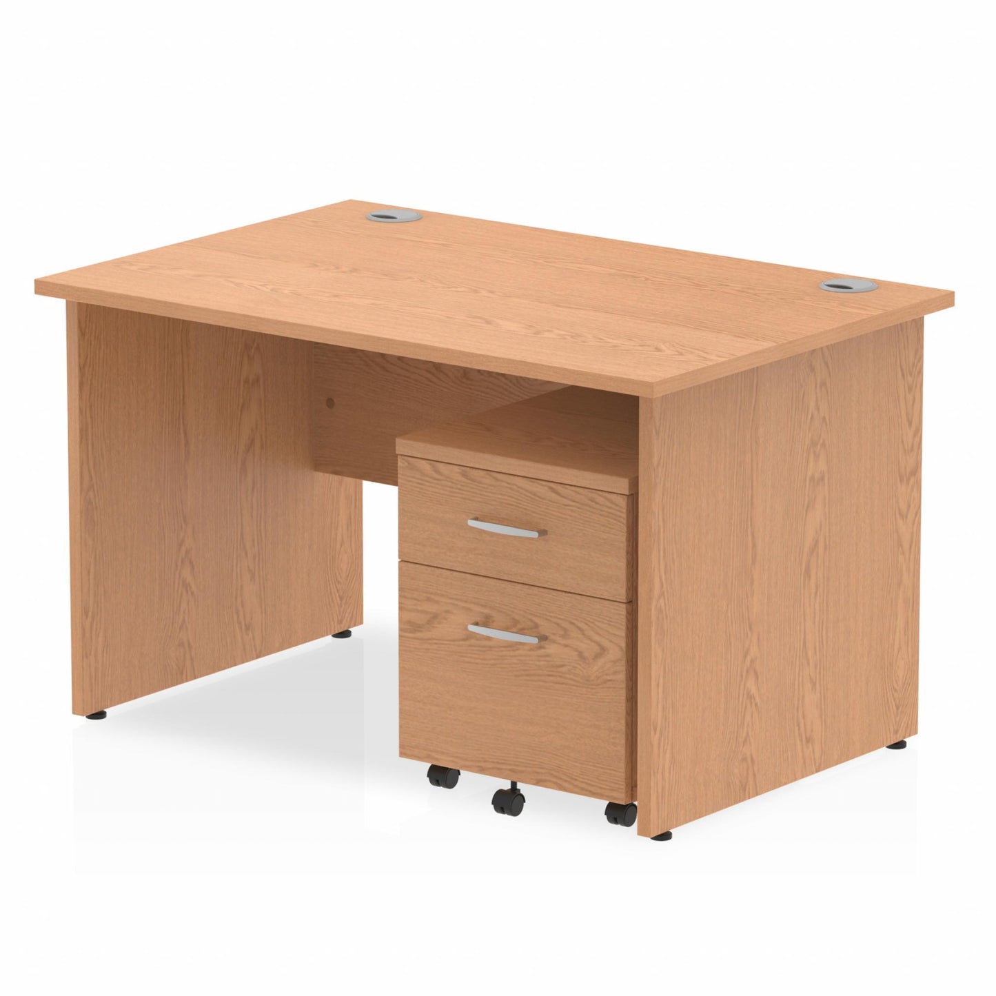 Oak straight desk with drawers on a white background