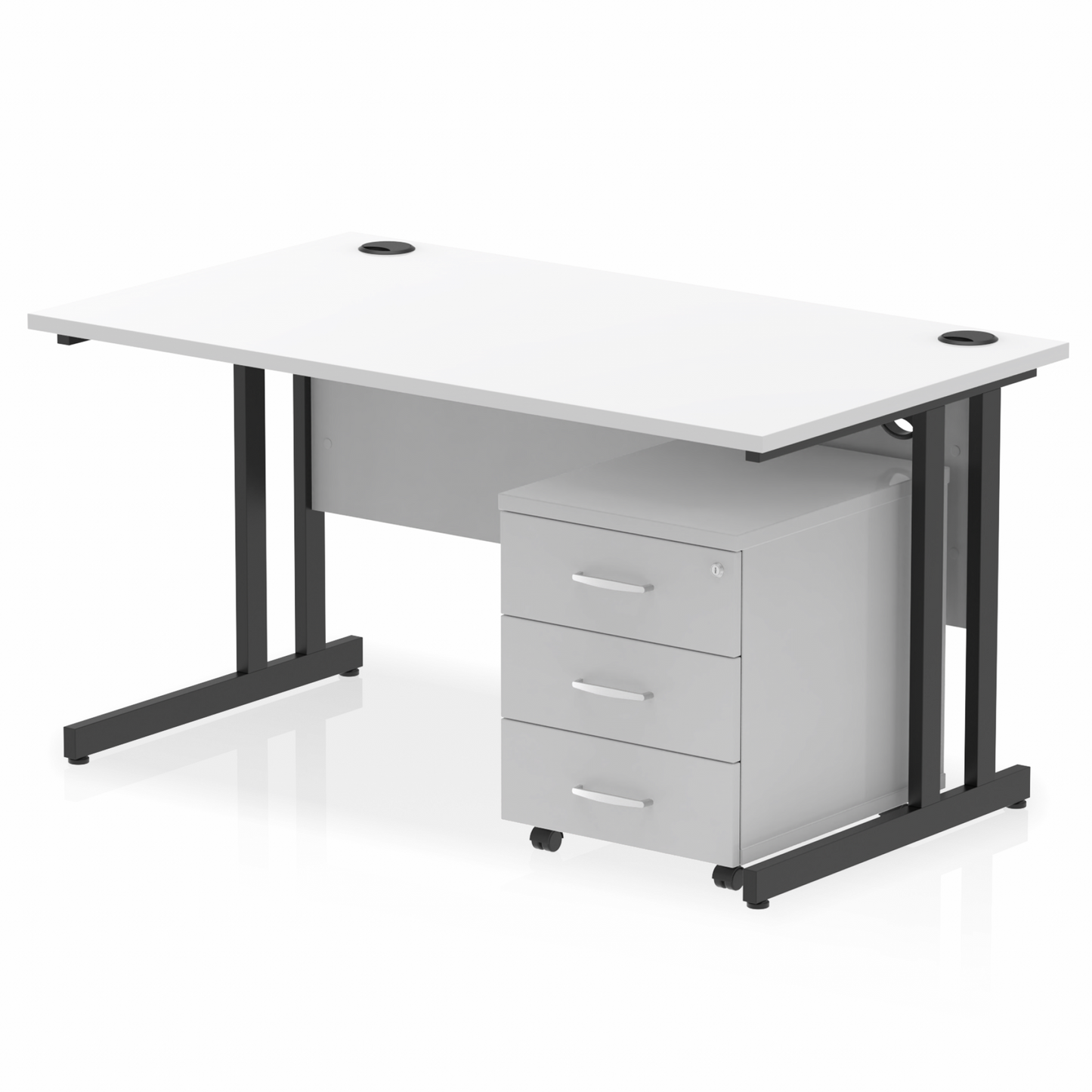 Impulse 1400x800mm Straight Desk, White Top with Black Cantilever Legs inc 3 Drawer Mobile Pedestal
