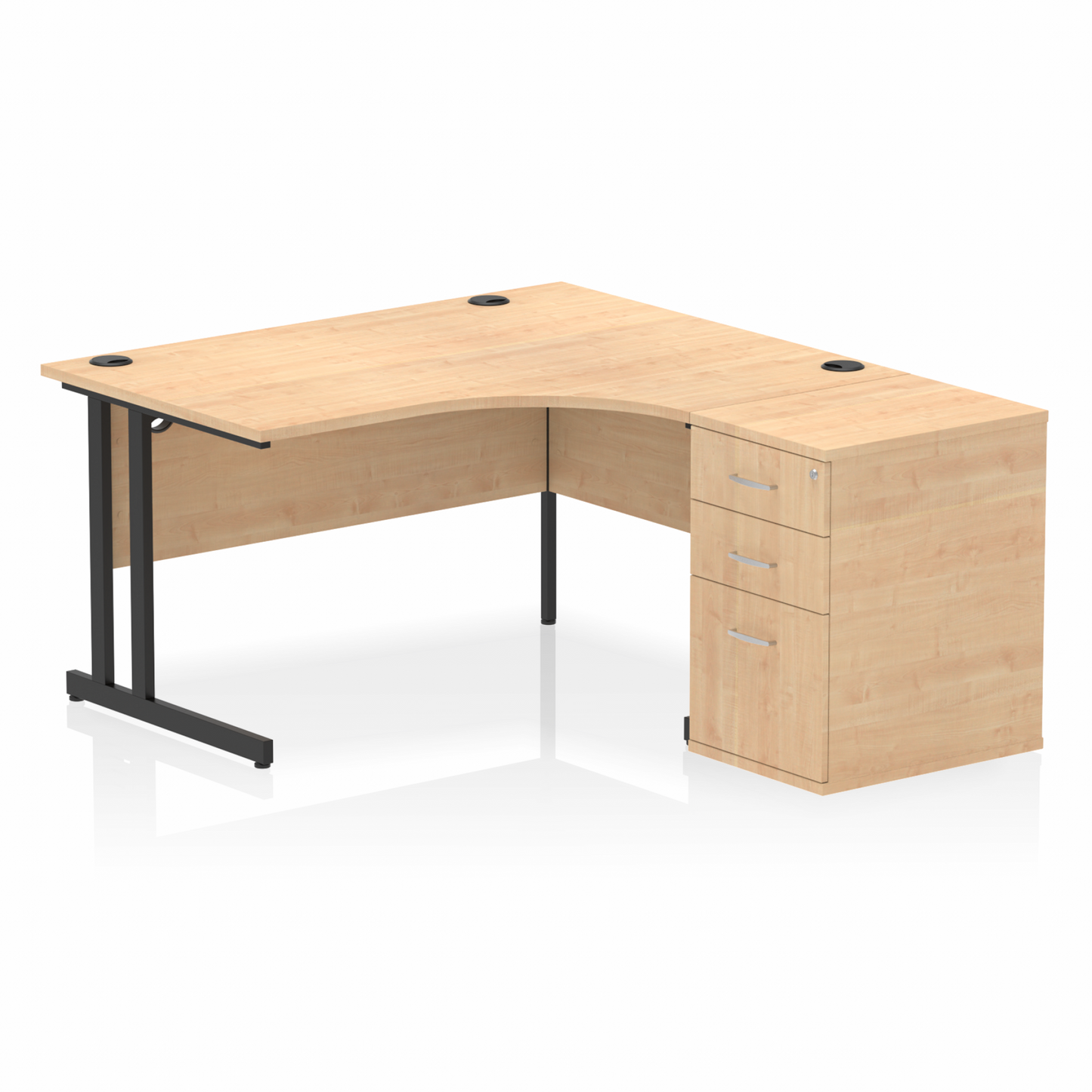 Impulse 1400mm Right Hand Curved Desk, Maple Top with Black Cantilver Legs inc 3 Drawer Desk, High Pedestal