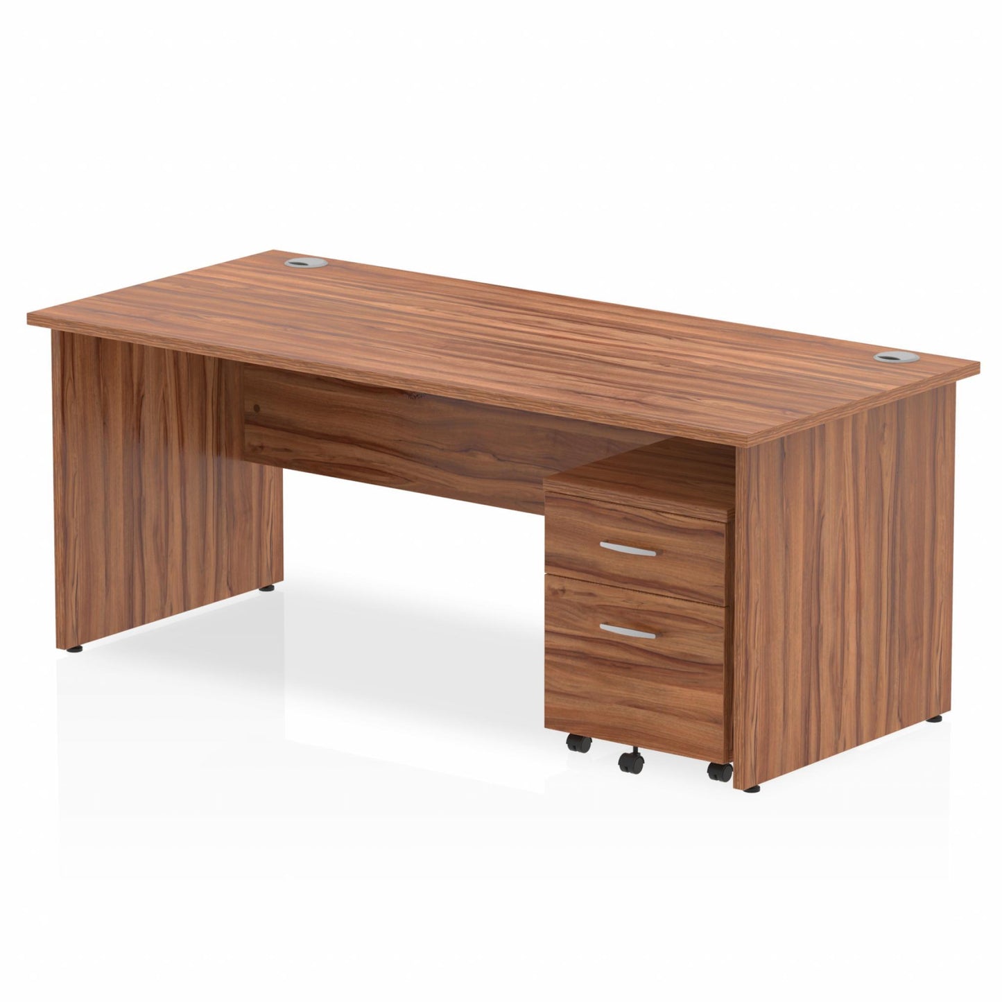 Walnut straight desk with drawers on a white background