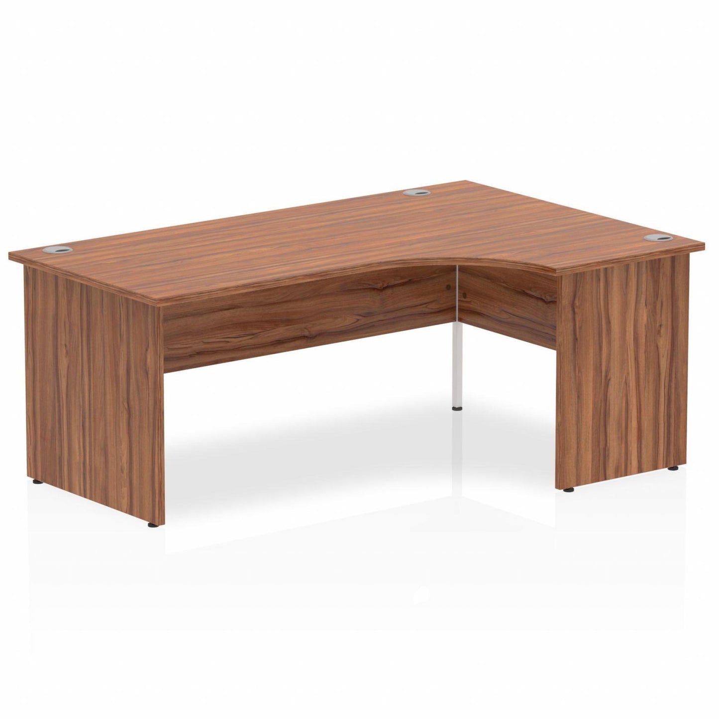 Impulse 1800mm Right Hand Curved Desk, Walnut Top with Wooden Panel Legs