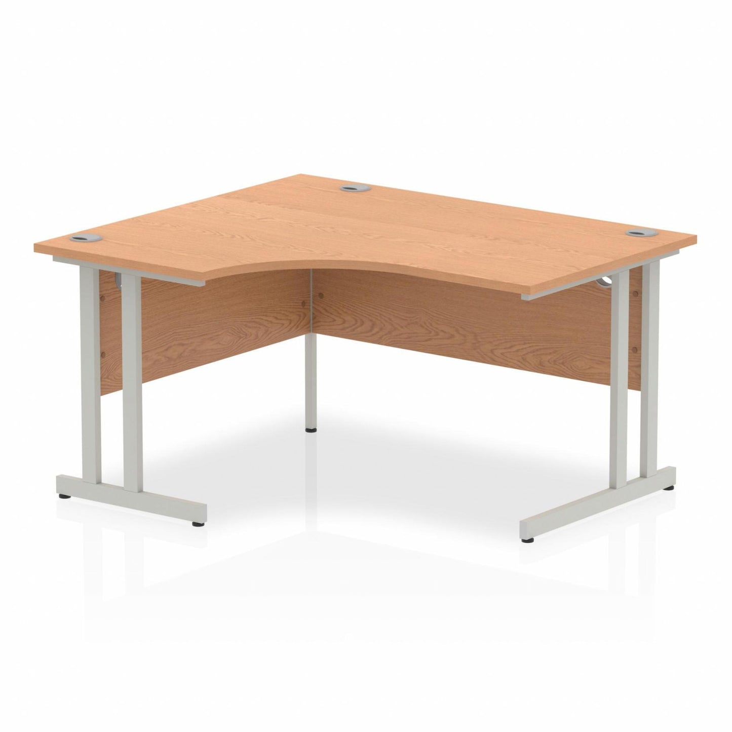 Oak L-shaped desk with drawers on a white background