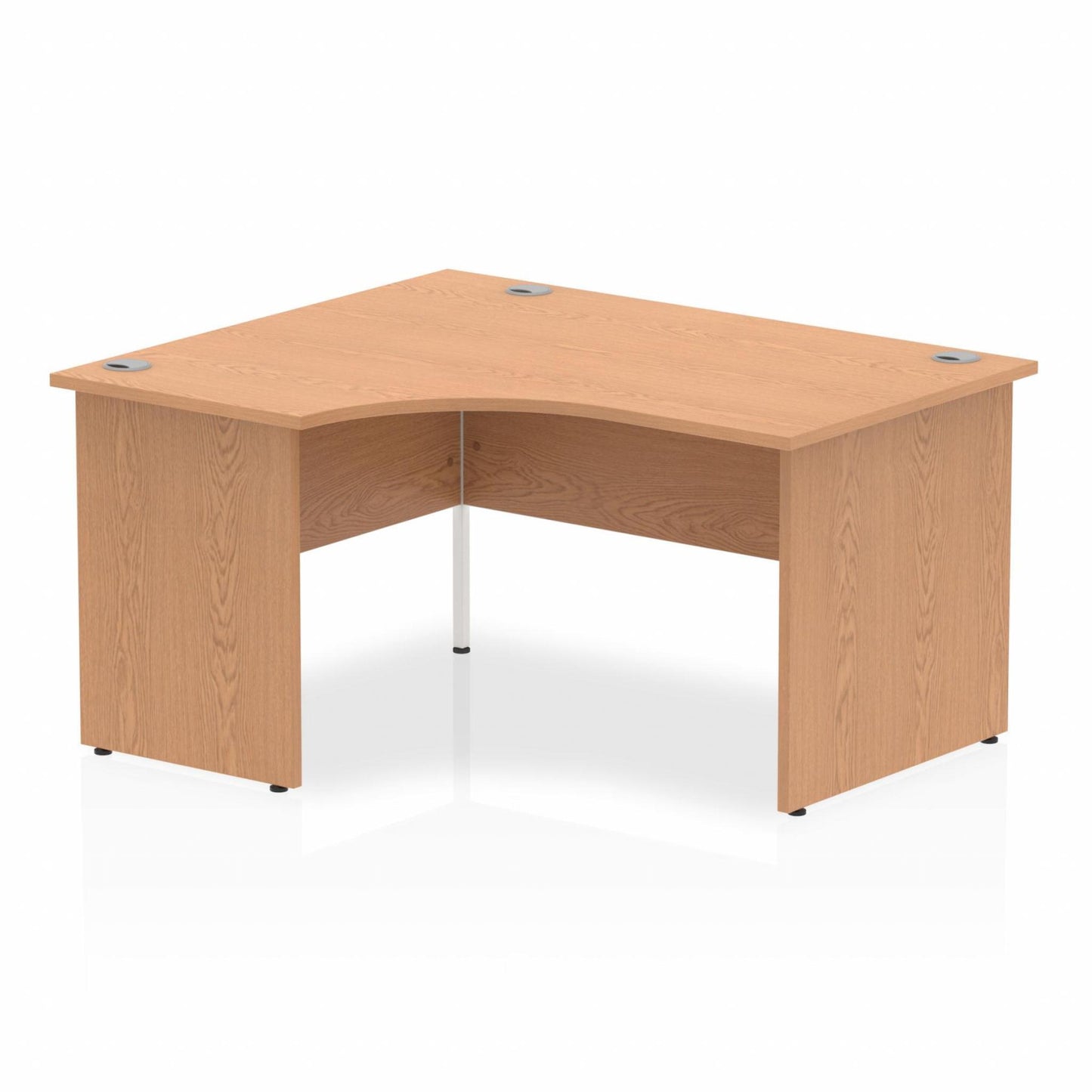 Oak L-shaped desk with drawers on a white background