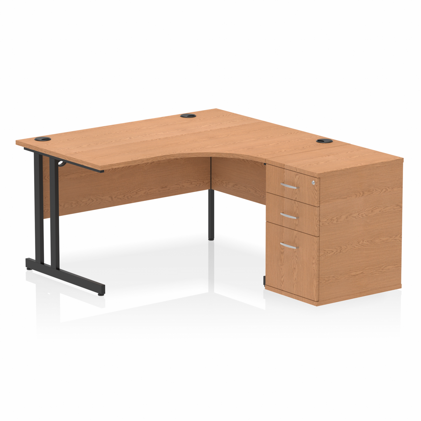 Impulse 1400mm Right Hand Curved Desk, Oak Top with Black Cantilver Legs inc 3 Drawer Desk High Pedestal