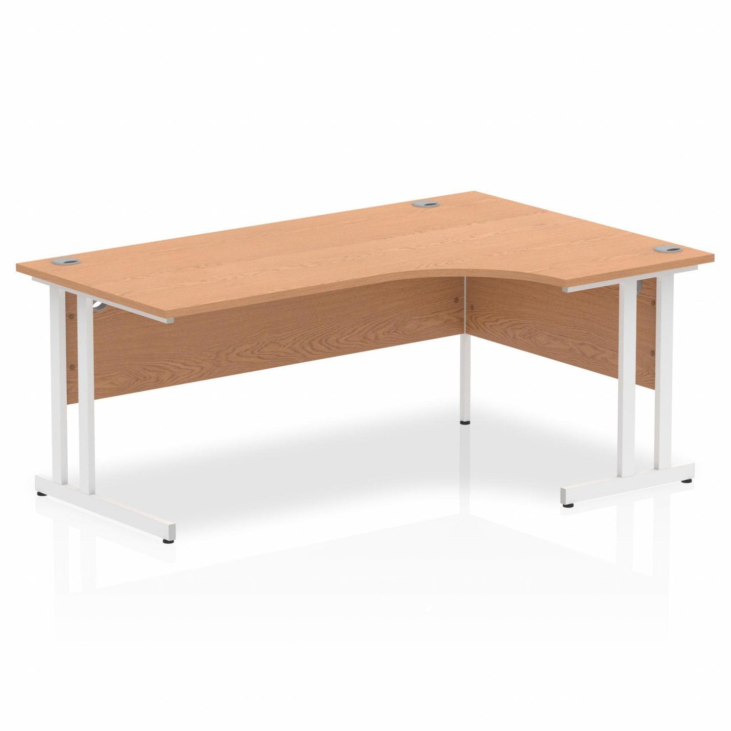 Oak L-shaped desk with drawers on a white background