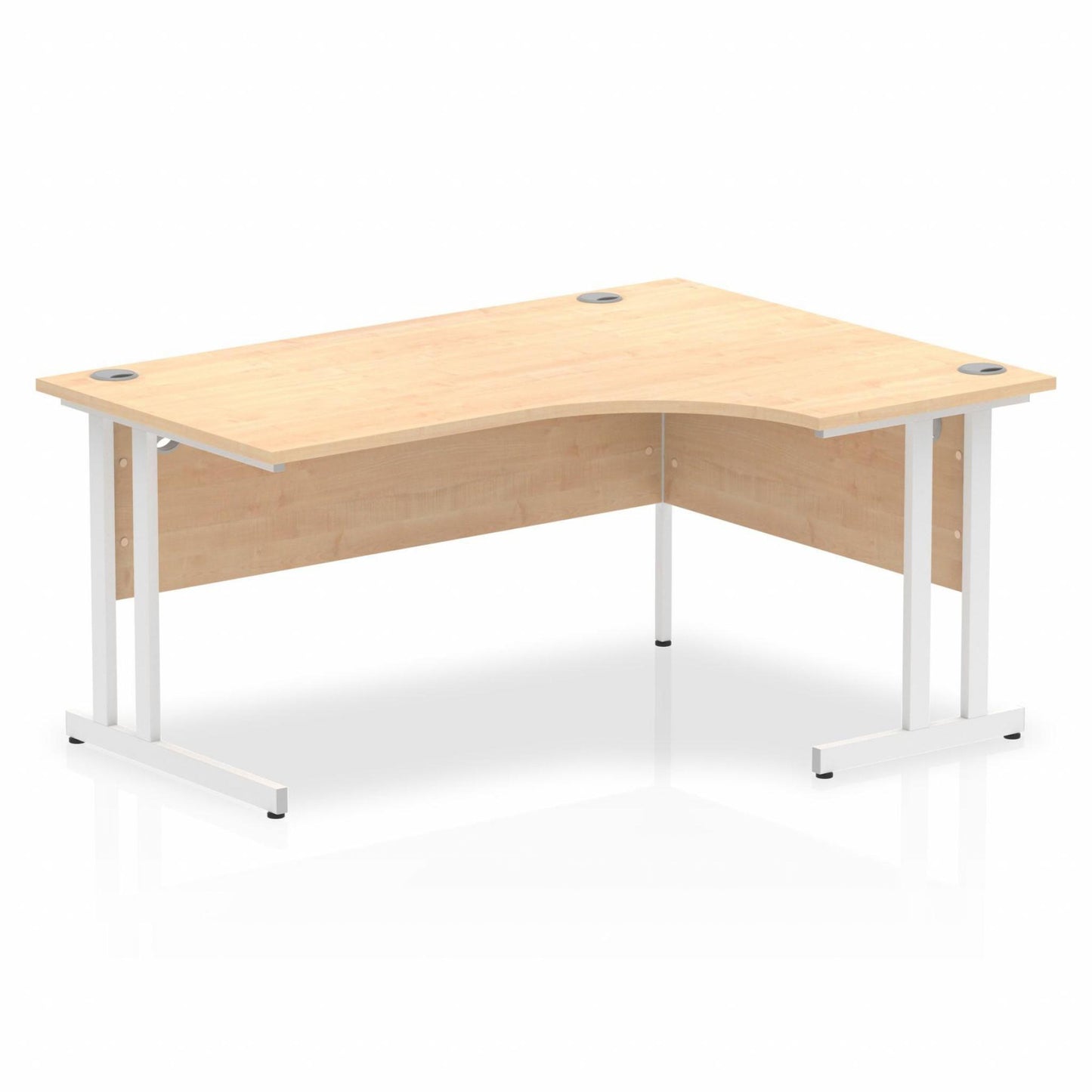 Maple L-shaped desk with drawers on a white background