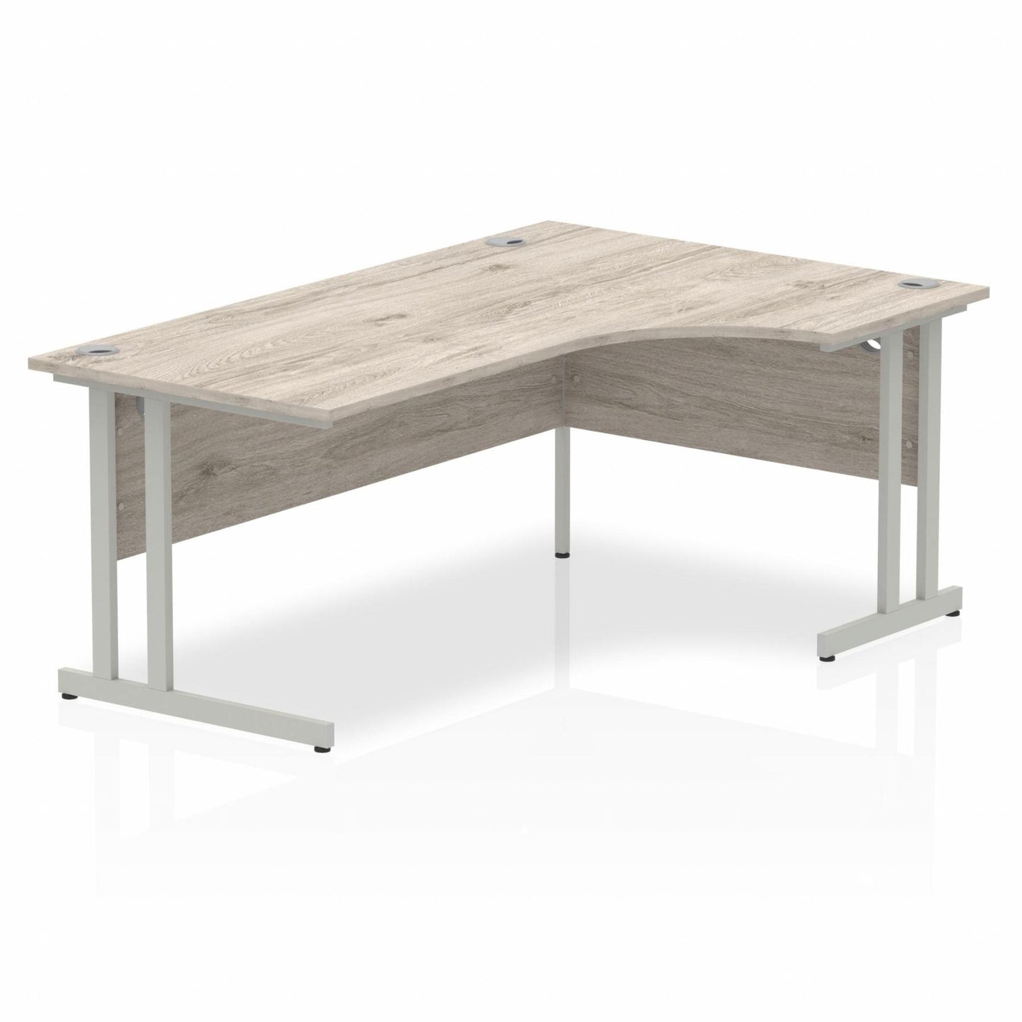 Grey oak L-shaped desk with drawers on a white background