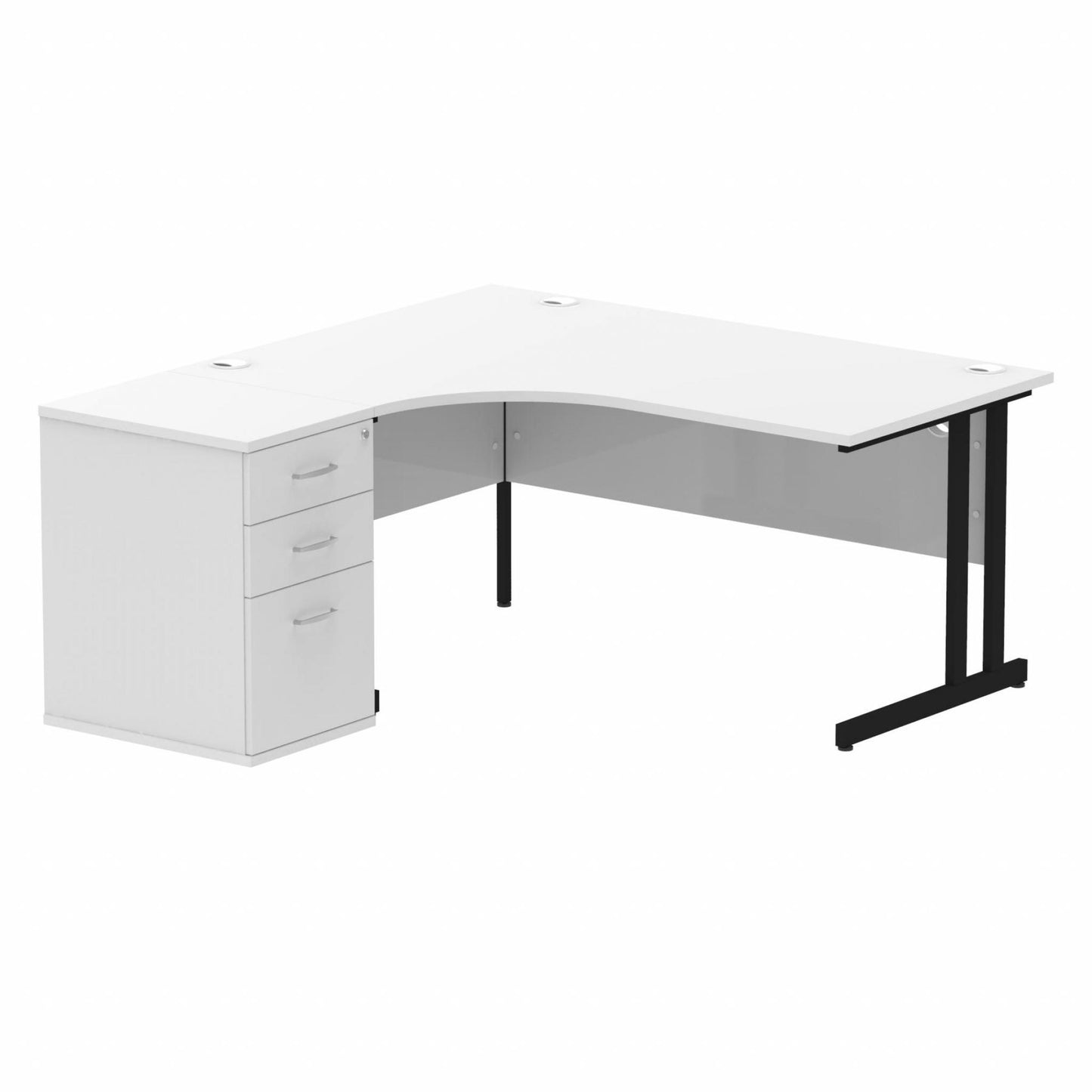 Impulse 1600mm Left Hand Curved Desk, White Top with Black Cantilver Legs inc 3 Drawer Desk High Pedestal