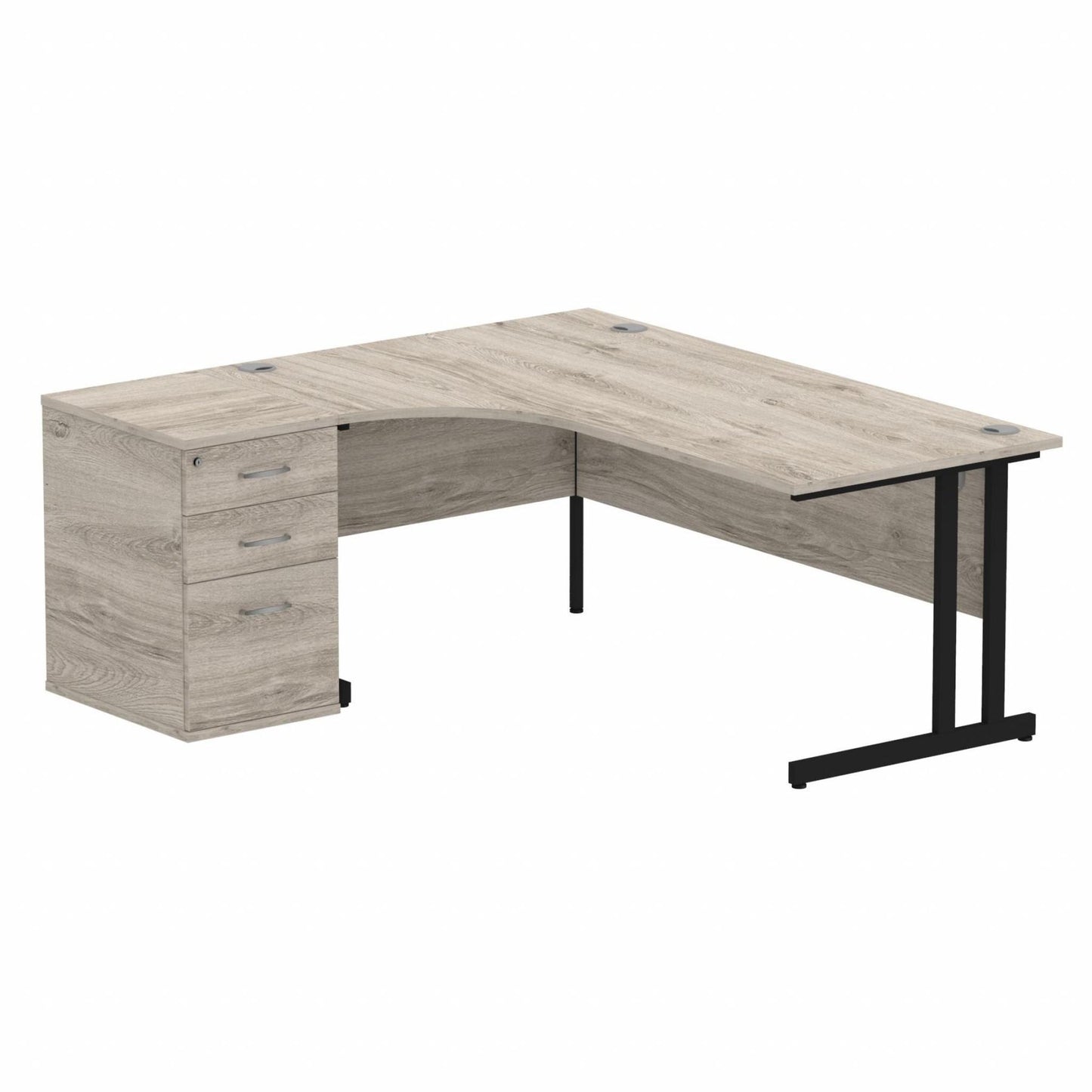 Impulse 1800mm Left Hand Curved Desk, Grey Oak Top with Black Cantilver Legs inc 3 Drawer Desk High Pedestal