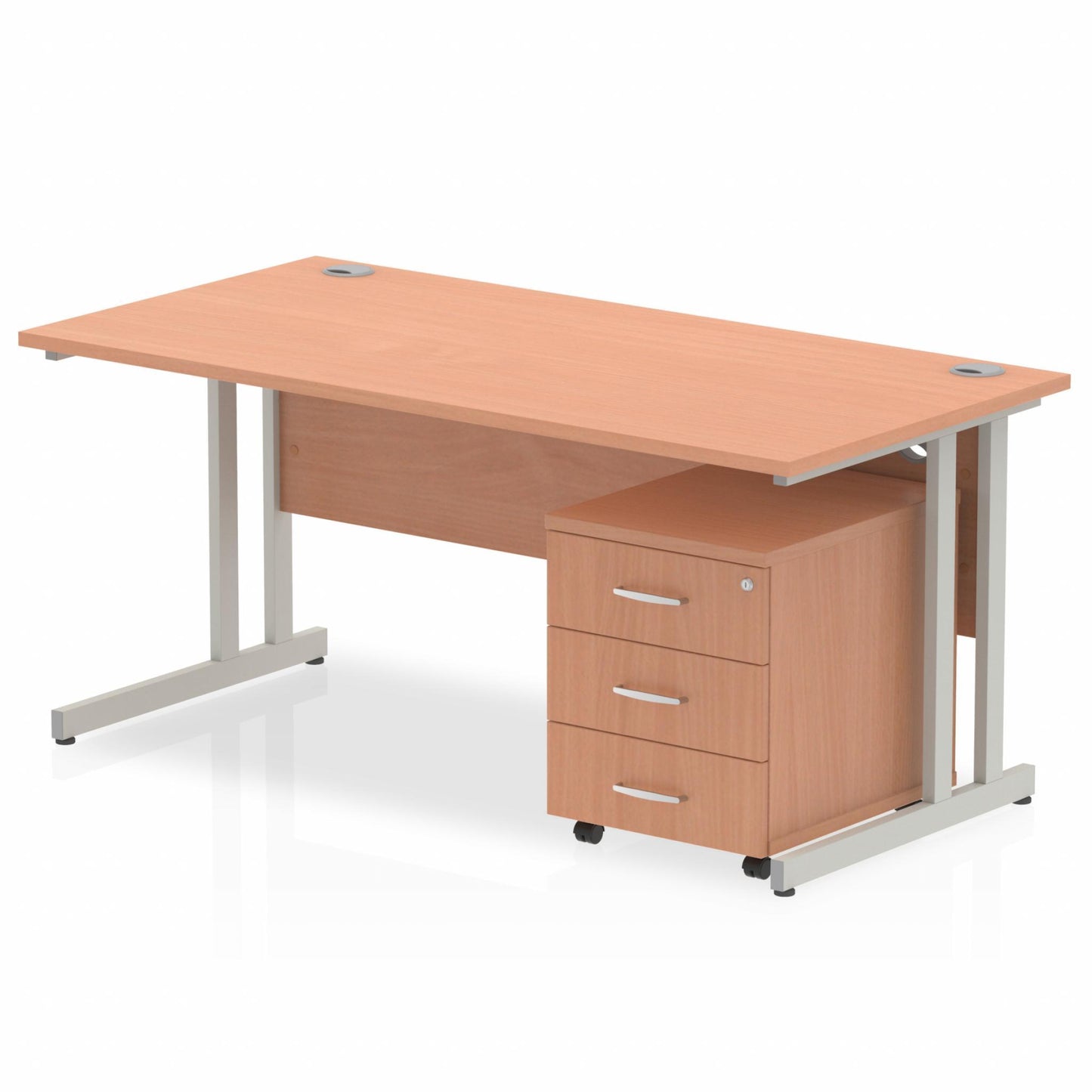 Oak straight desk with drawers on a white background