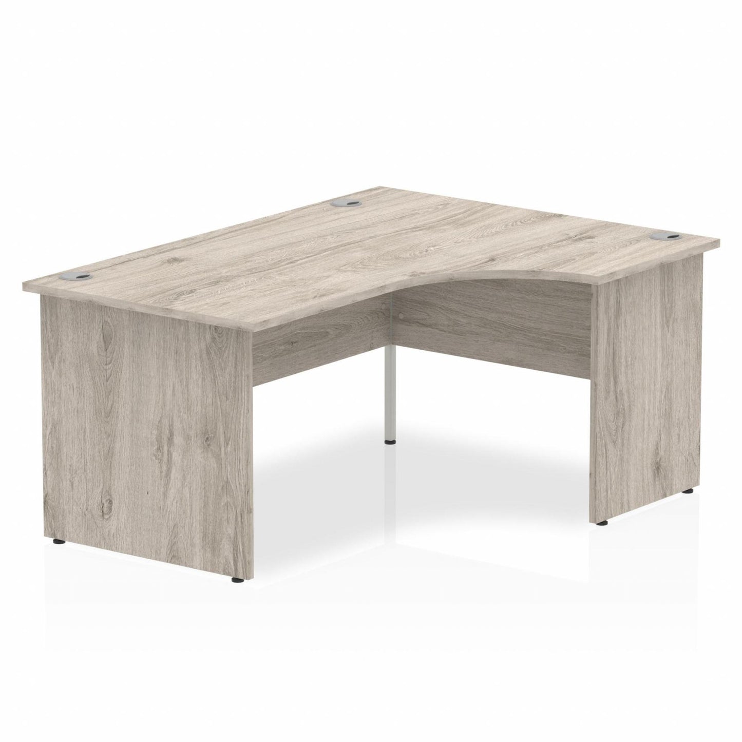 Grey oak L-shaped desk with drawers on a white background