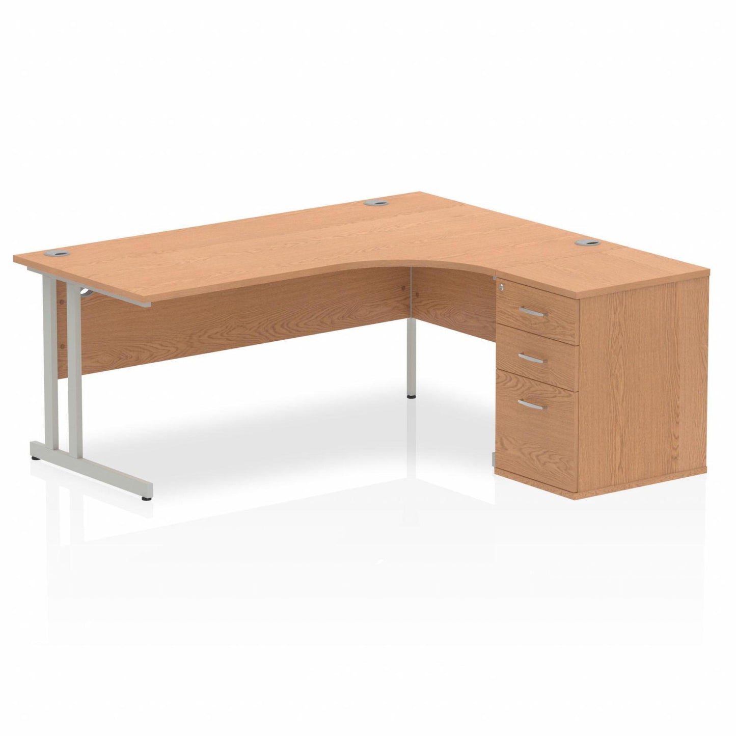 Impulse 1800mm Right Hand Curved Desk, Oak Top with Silver Cantilver Legs inc 3 Drawer Desk High Pedestal