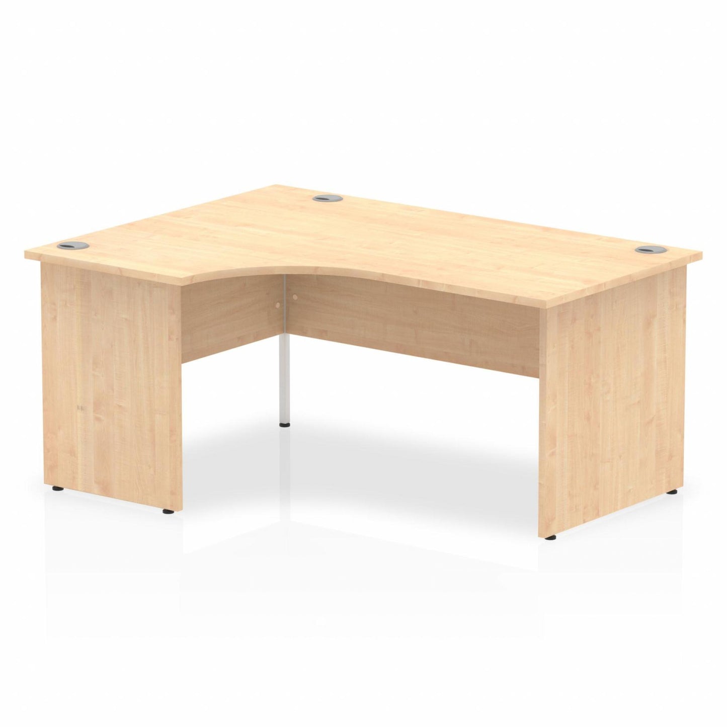 Maple L-shaped desk with drawers on a white background