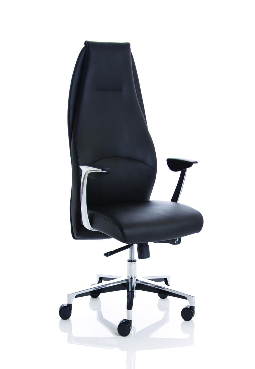 A black high back executive office chair with fixed arms, polished aluminium armrests, and a 5 star base, upholstered in soft bonded leather.