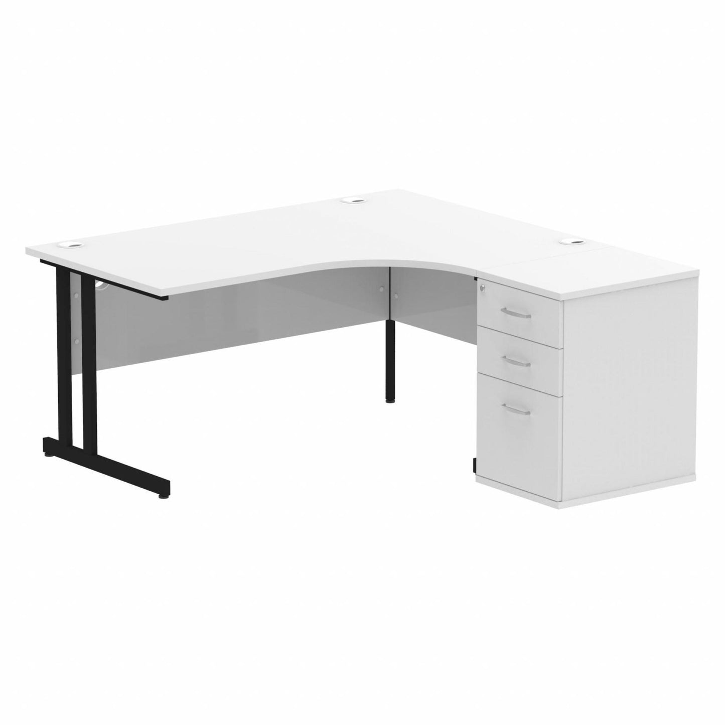 Impulse 1600mm Right Hand Curved Desk, White Top with Black Cantilver Legs inc 3 Drawer Desk High Pedestal