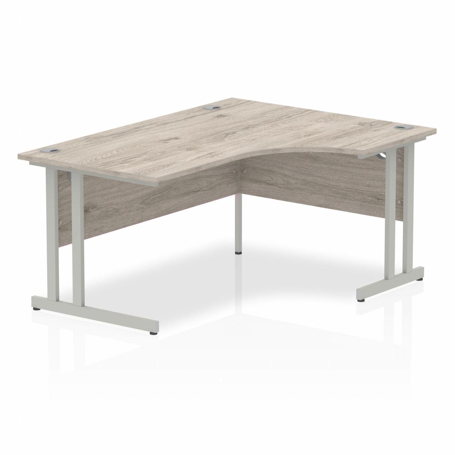 Grey oak L-shaped desk with drawers on a white background